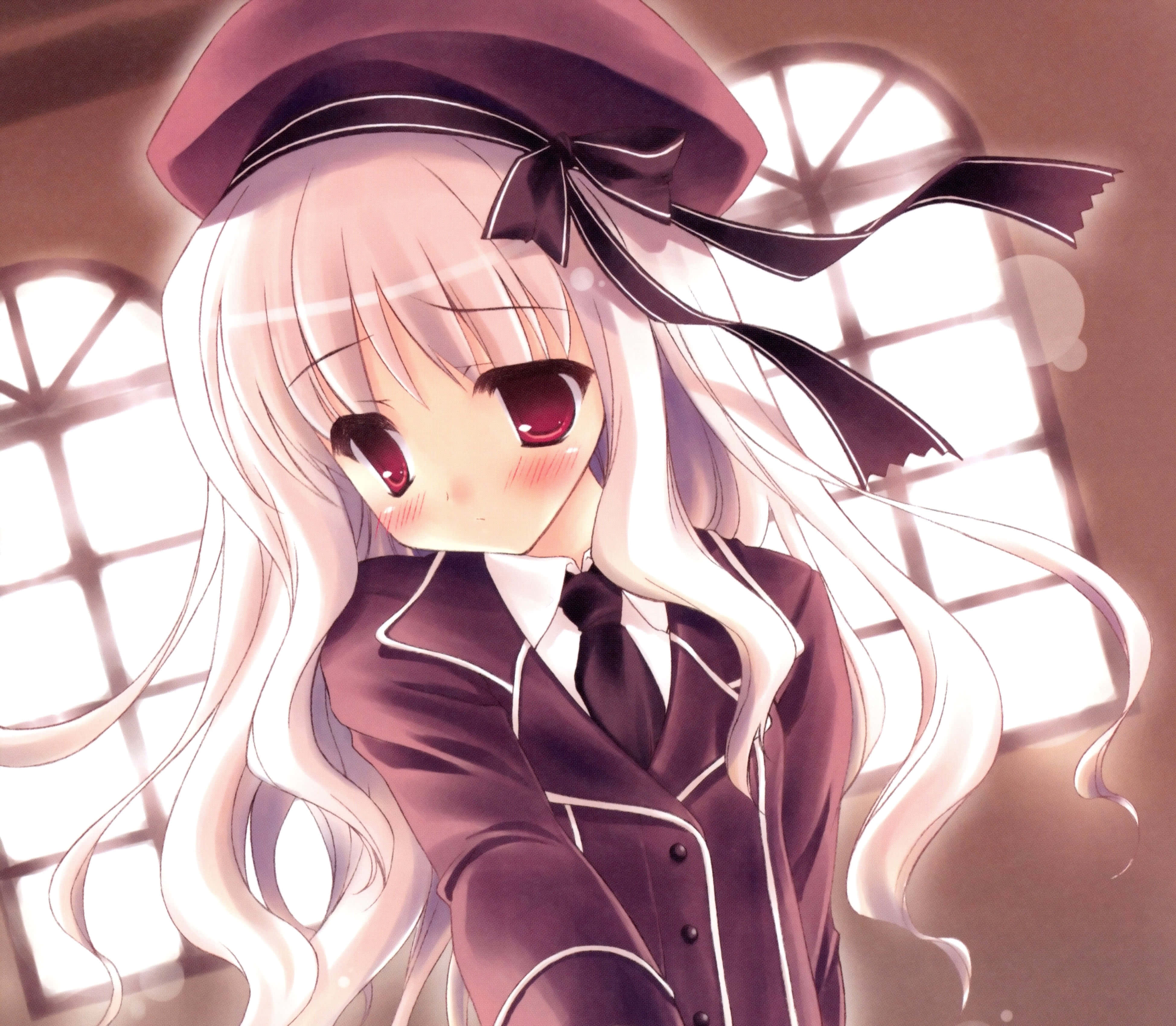 blushing anime hd, pale anime girl, long white hair, 4K Desktop Wallpaper