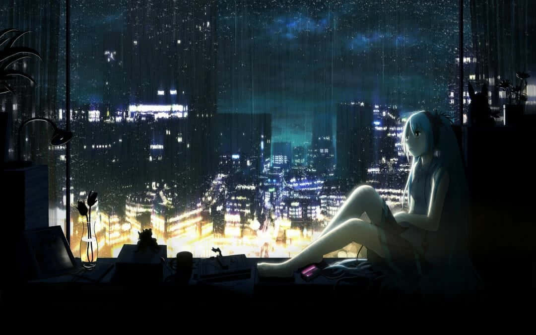 anime girl, windowsill, rainy neon cityscape, SD Desktop Wallpaper
