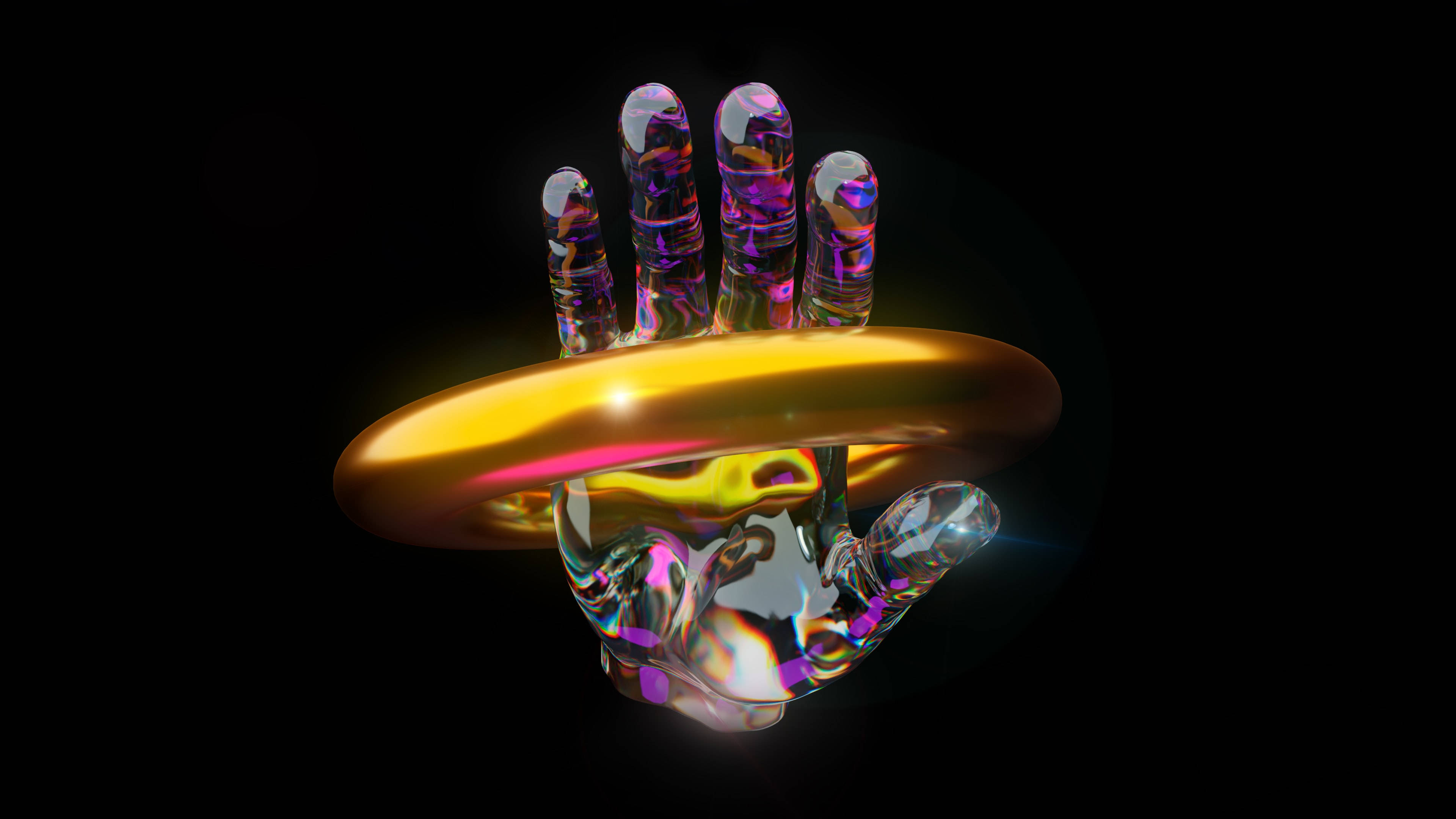 marble hand, iridescent purple and blue hues, radiant golden ring, 4K Desktop Wallpaper