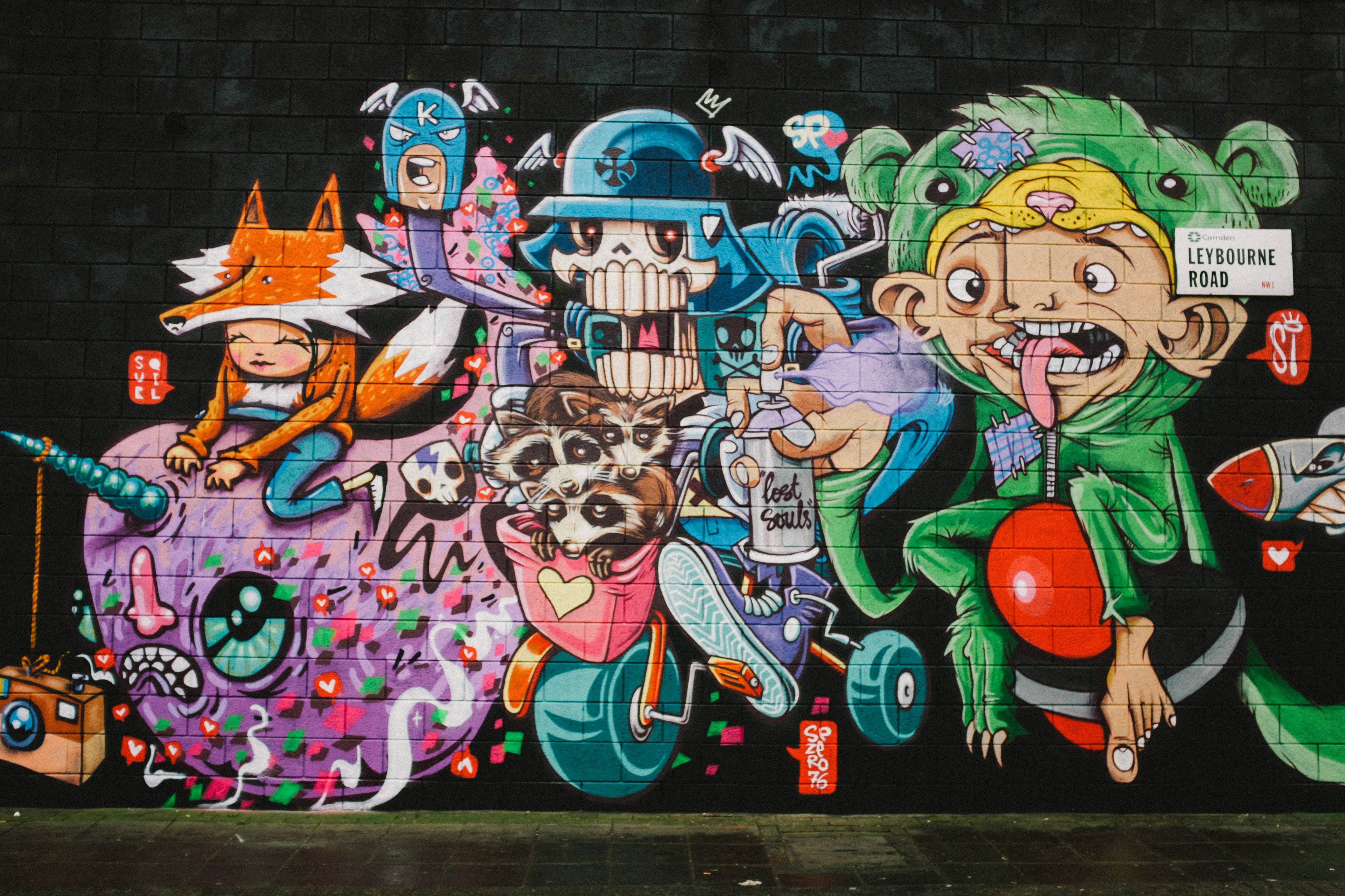 HD Art, 3D Bright Doodle, brick wall, 4K Desktop Wallpaper