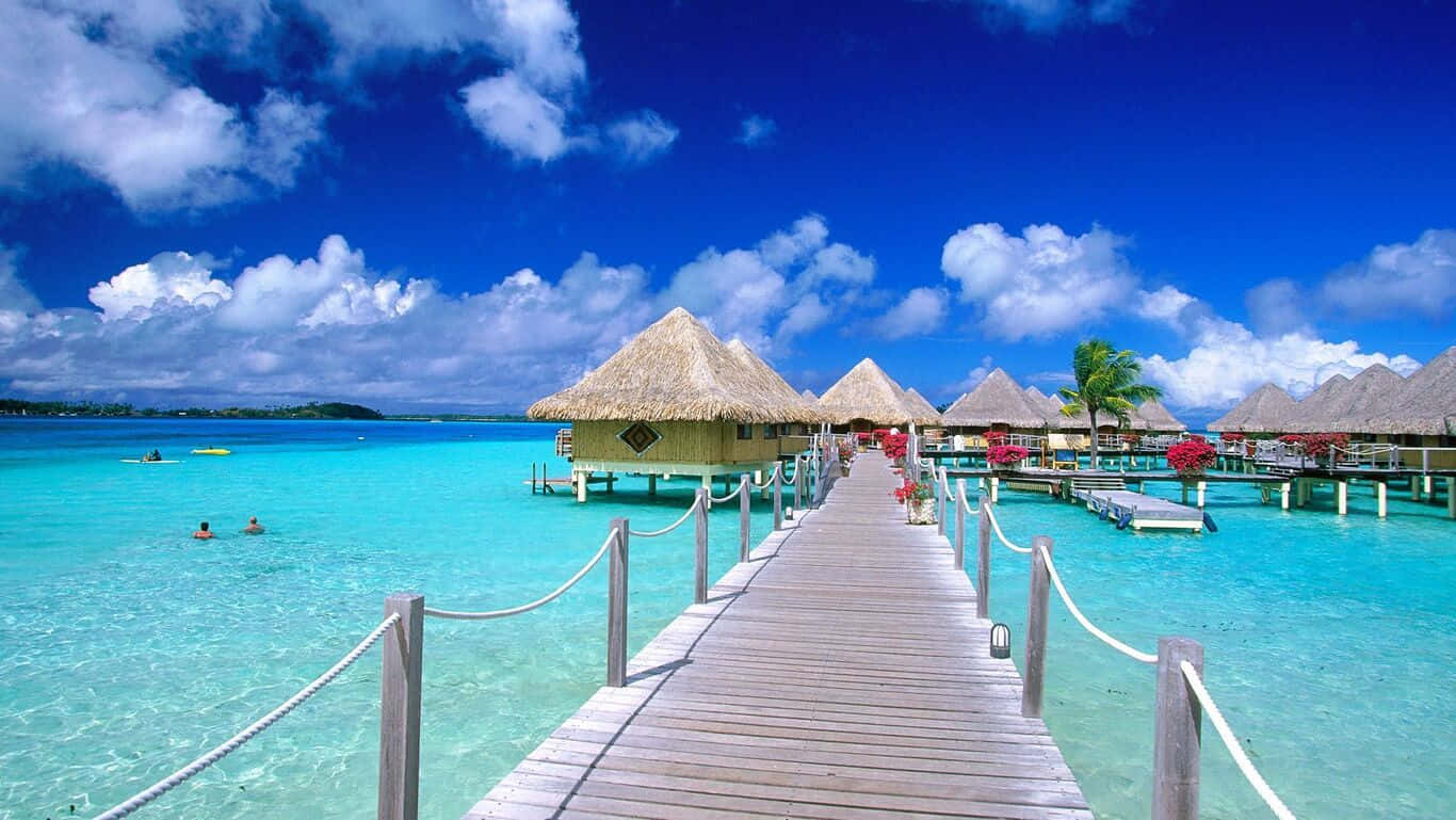 wooden walkway, beach, huts, HD Desktop Wallpaper