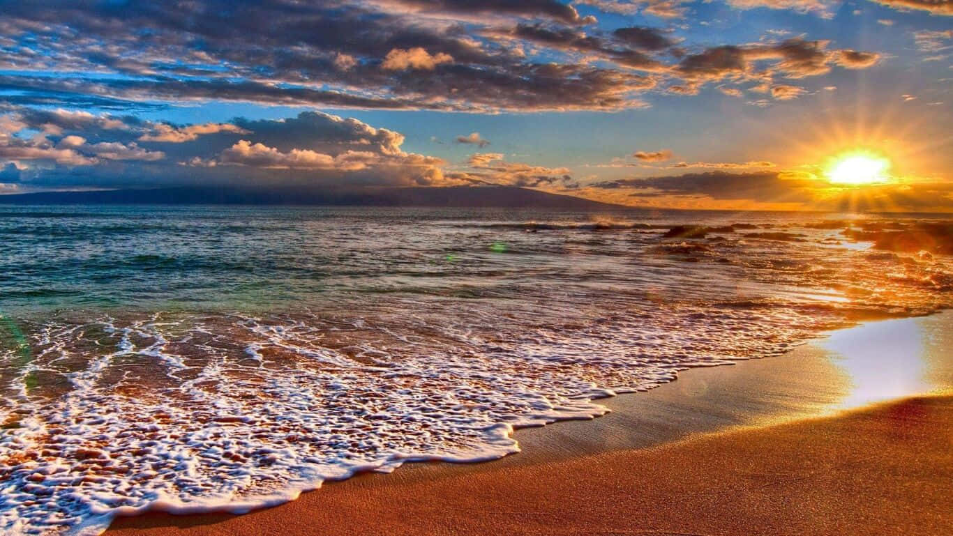 sunset, sandy beach, waves, HD Desktop Wallpaper