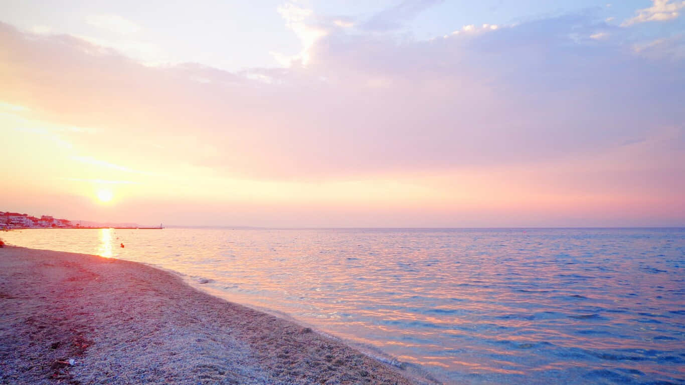 Sunset, pebbled beach, calm ocean waters, HD Desktop Wallpaper