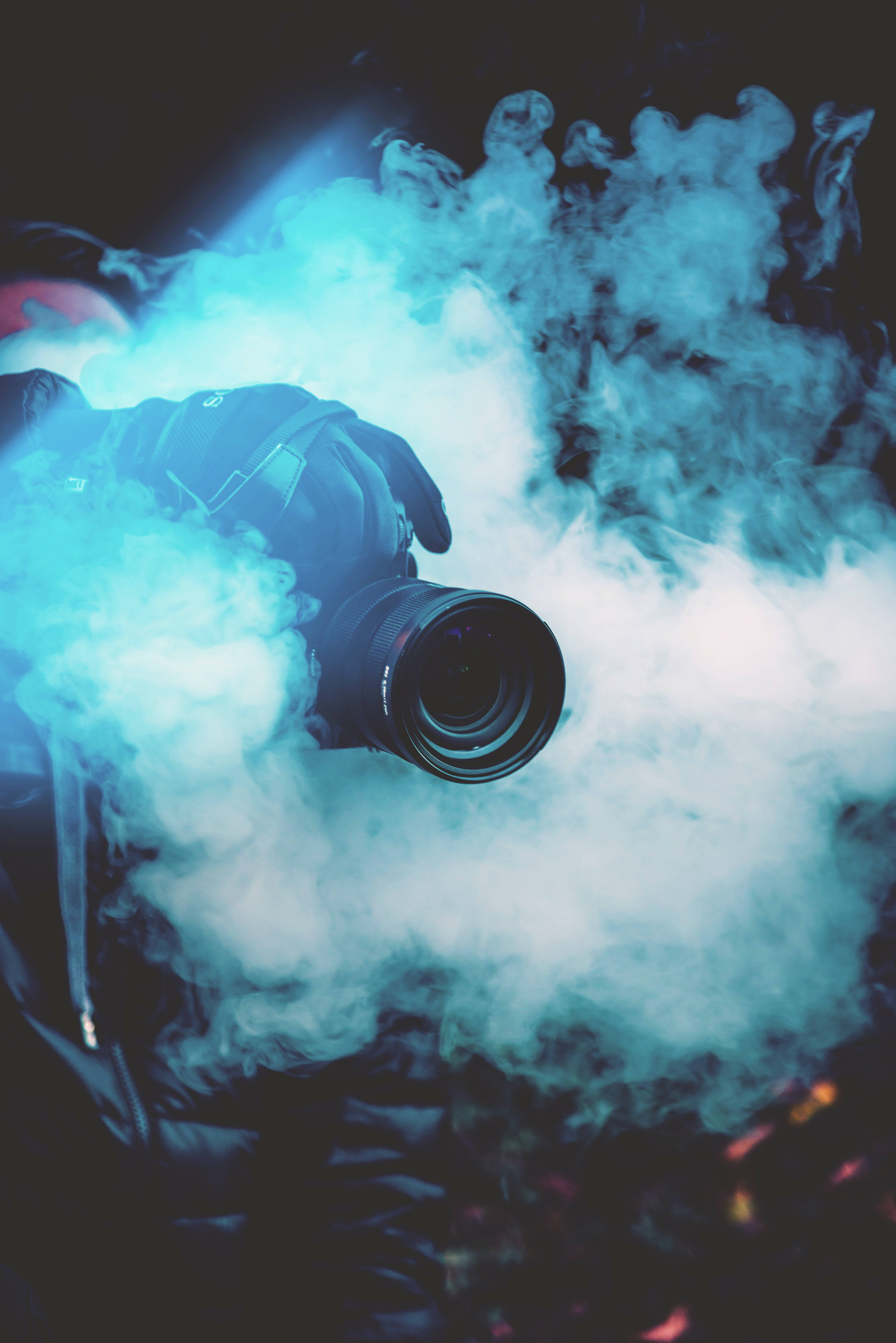 HD Camera, blue and white smoke, dark background, 5K Phone Wallpaper