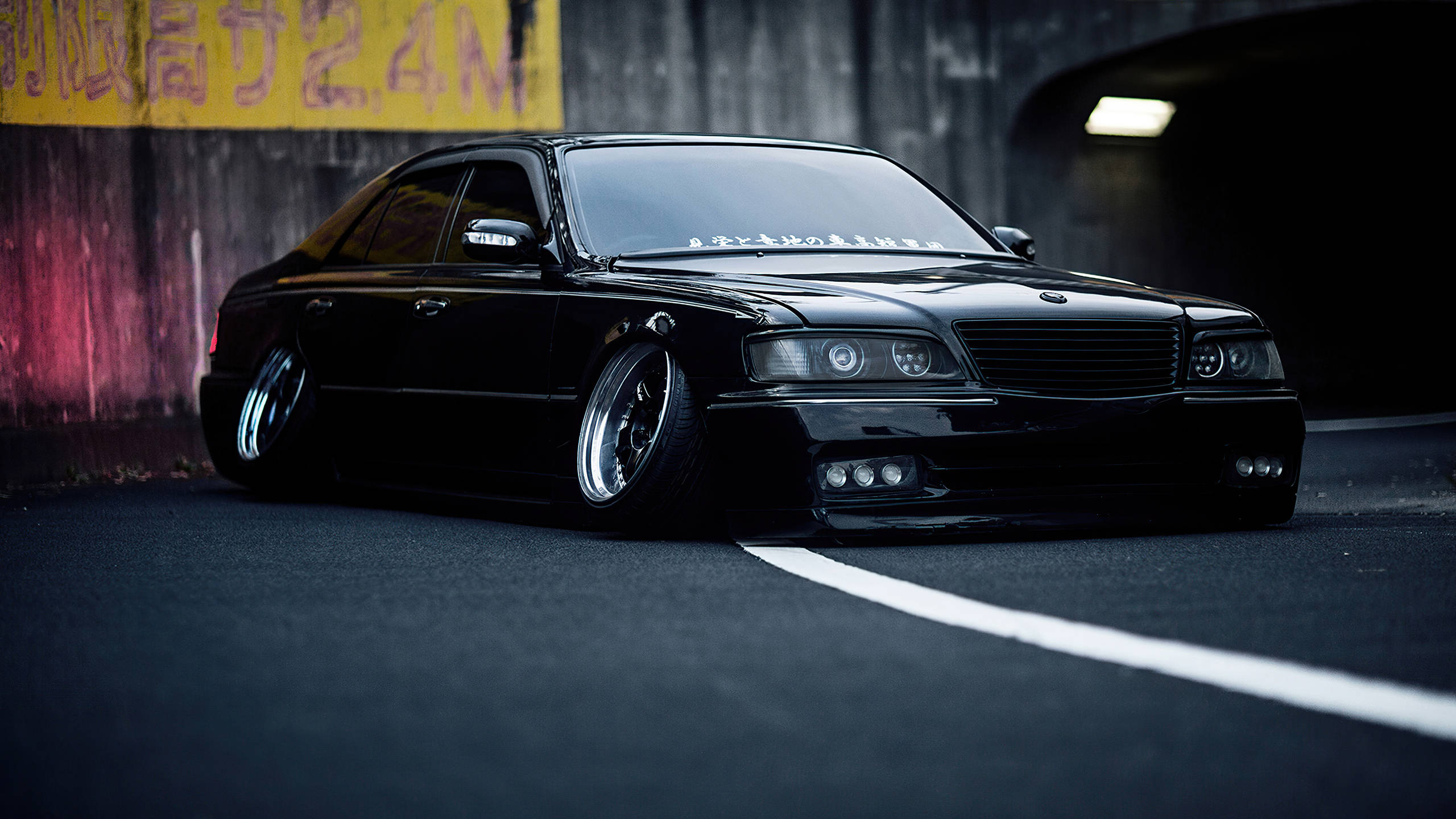 black modified sedan, custom wheels, dimly lit urban tunnel, 2K Desktop Wallpaper