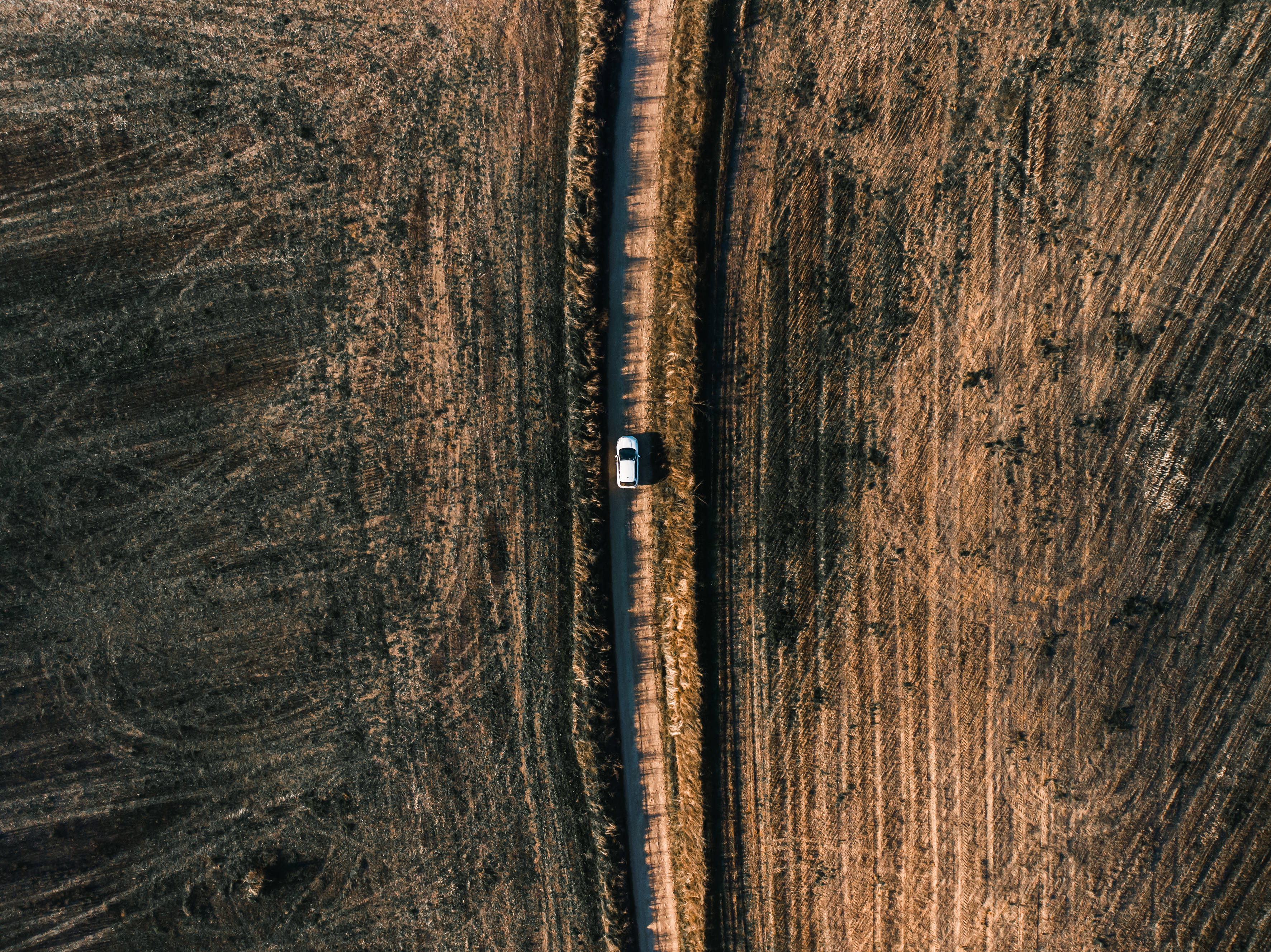 white car, dirt road, brown plowed fields, 2K Desktop Wallpaper