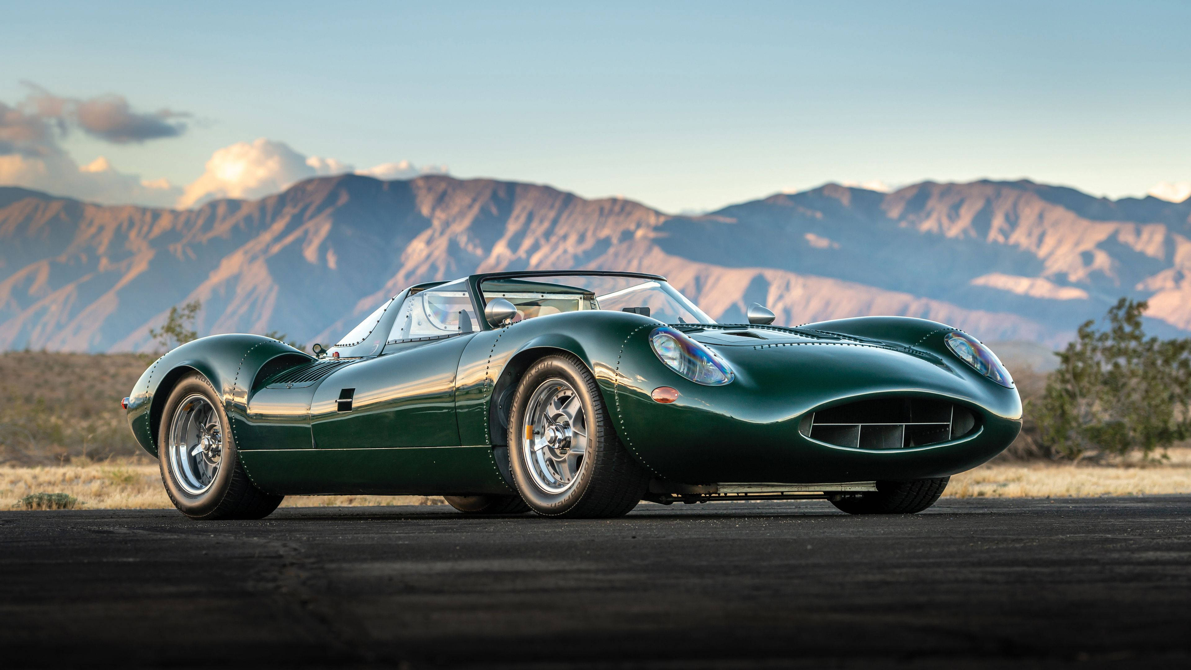 green, classic race car, asphalt road, 4K Desktop Wallpaper
