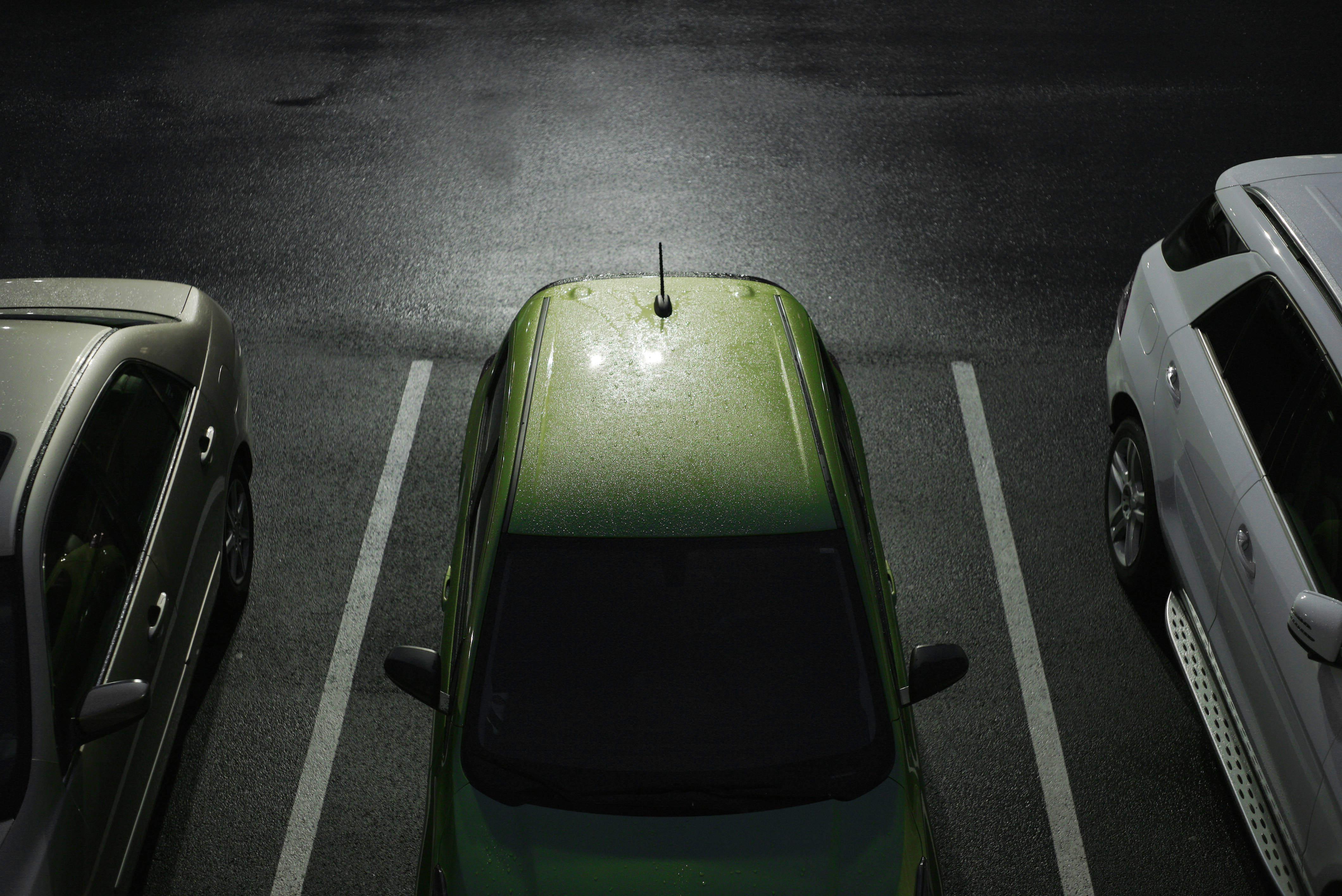 green car, parking lot, artificial light, 4K Desktop Wallpaper