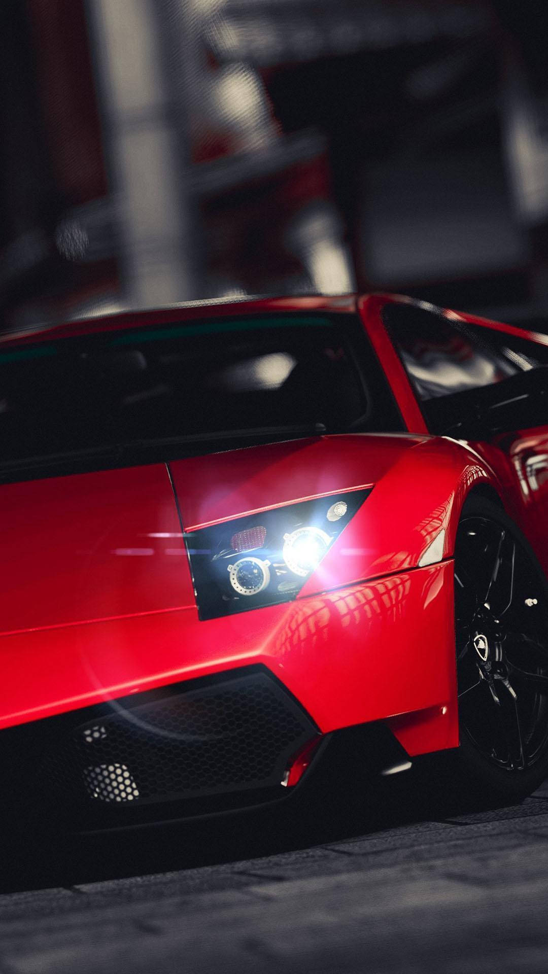 red sports car, glossy red, glowing headlights, Full HD Phone Wallpaper