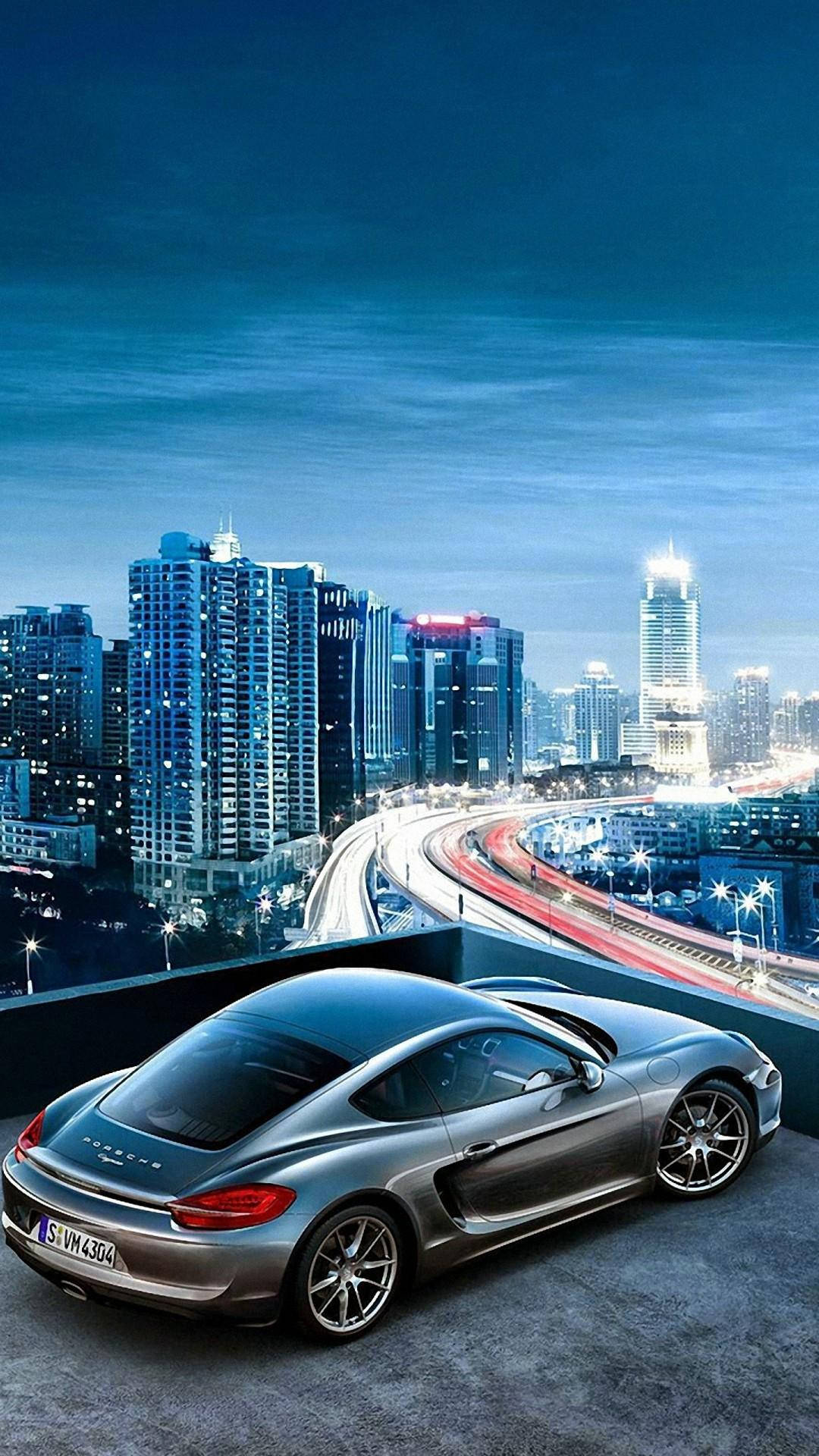 silver sports car, city rooftop, vibrant cityscape, Full HD Phone Wallpaper