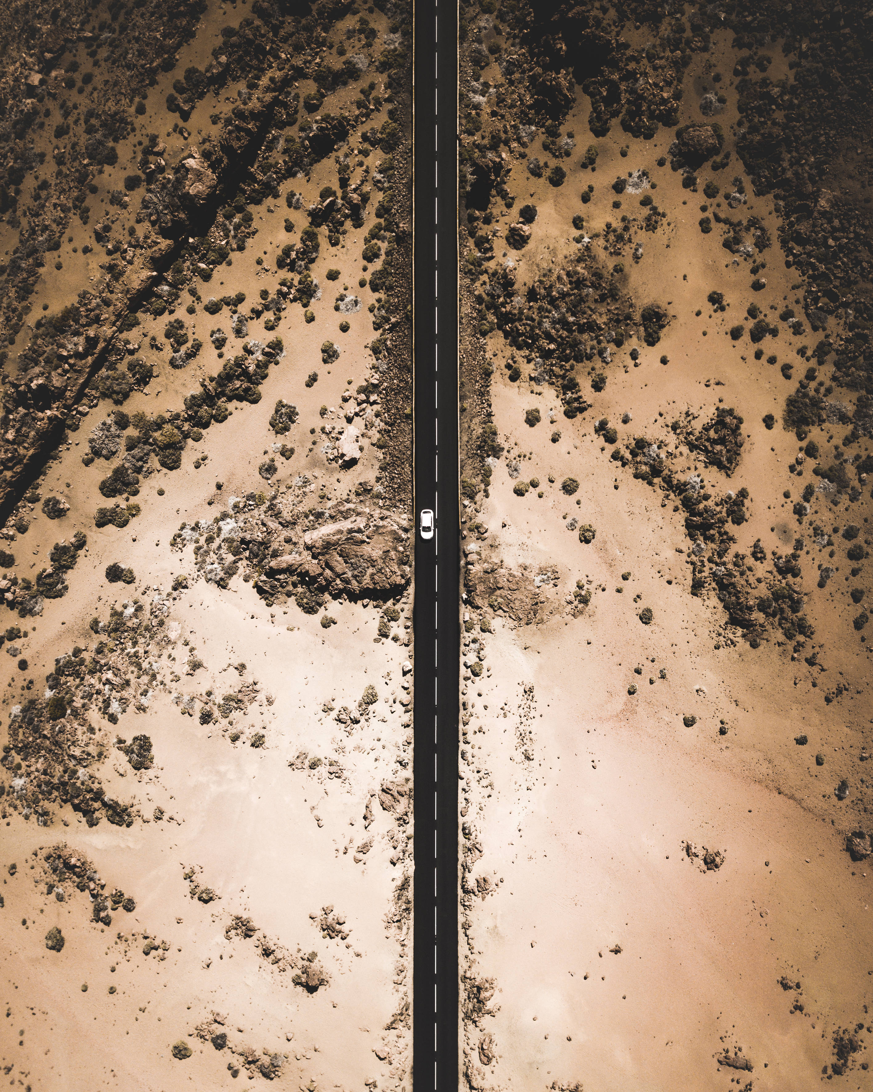 white car, desert road, barren desert landscape, 2K Phone Wallpaper