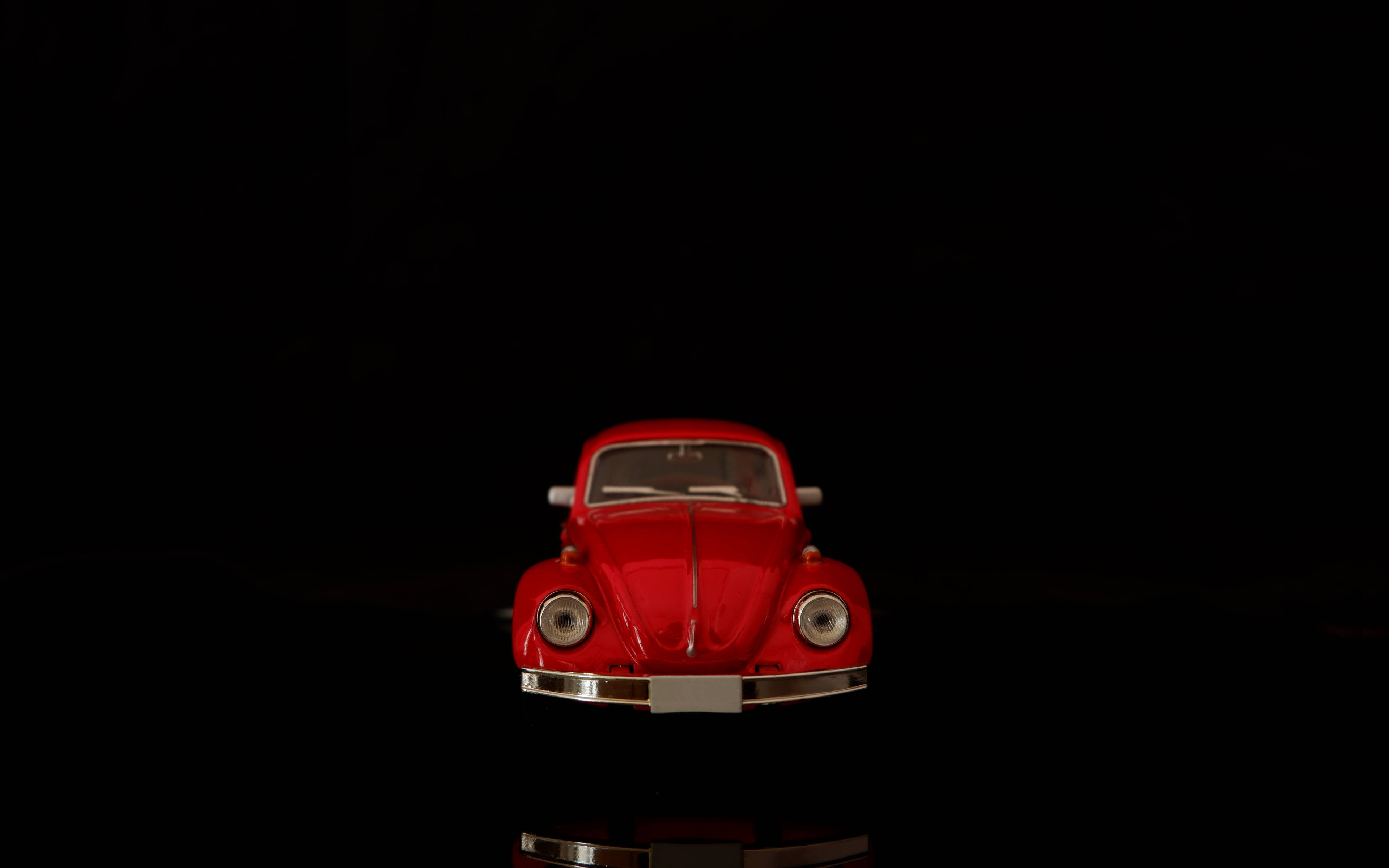 glossy red, vintage Volkswagen Beetle, pure black background, 4K Desktop Wallpaper