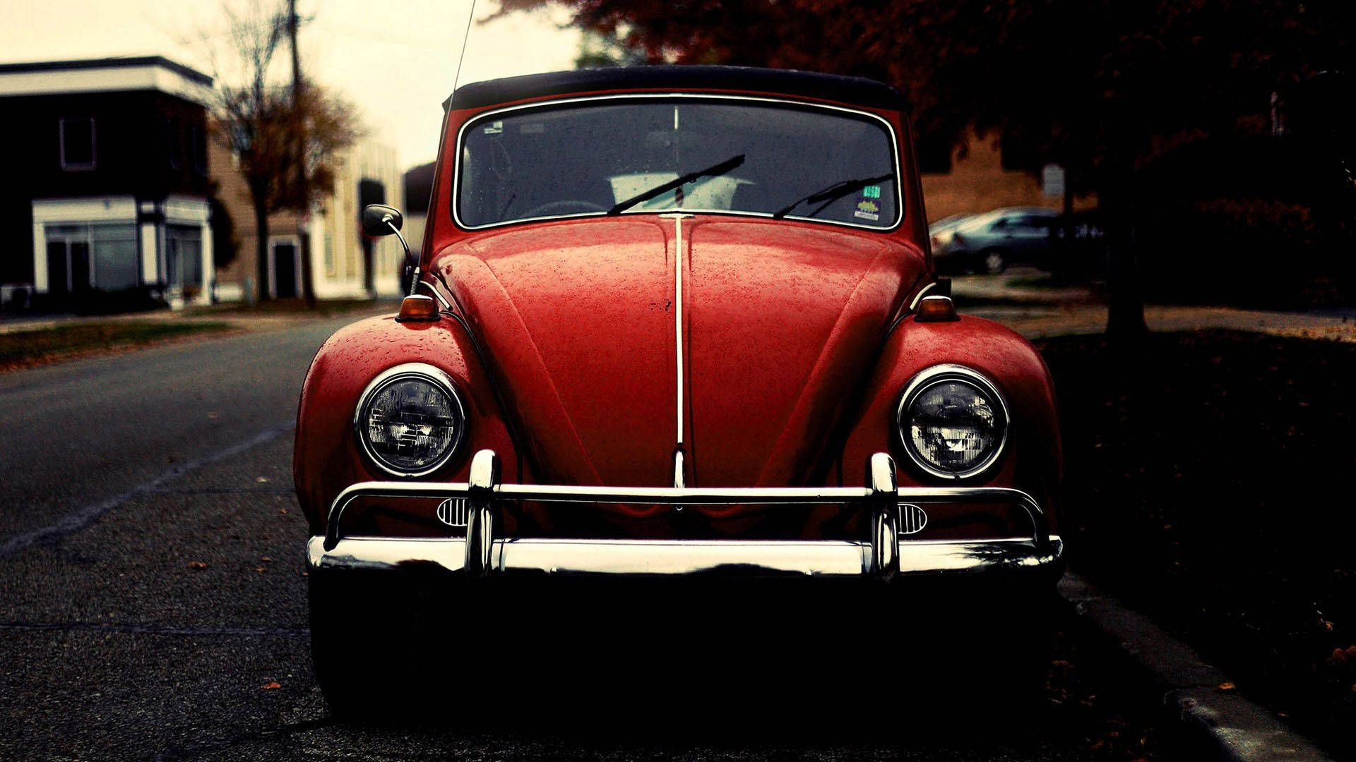 vintage red Volkswagen Beetle, chrome bumper, quiet street, Full HD Desktop Wallpaper