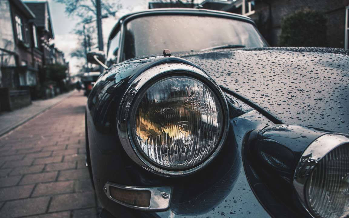 vintage black car, headlight, raindrops, SD Desktop Wallpaper