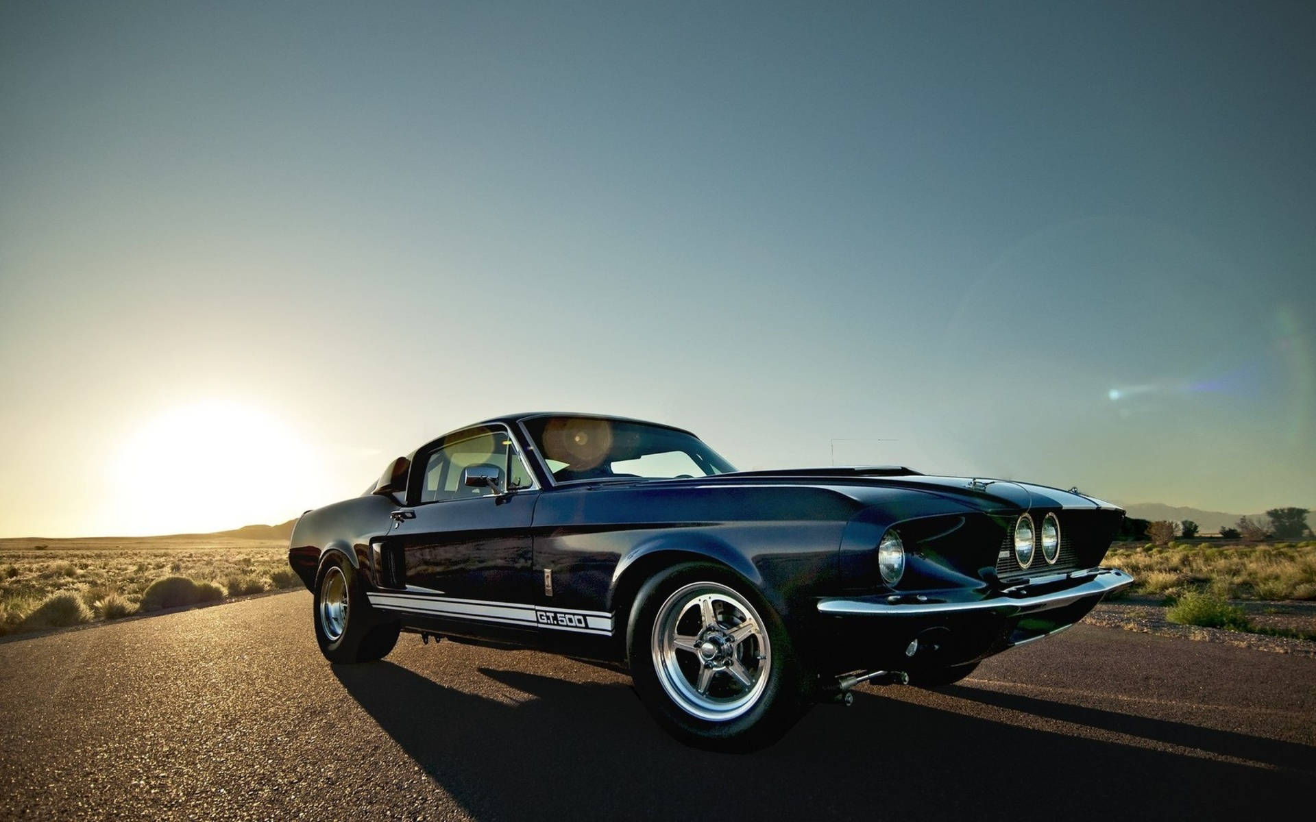 sleek black classic muscle car, desert road, sunset, Full HD Desktop Wallpaper