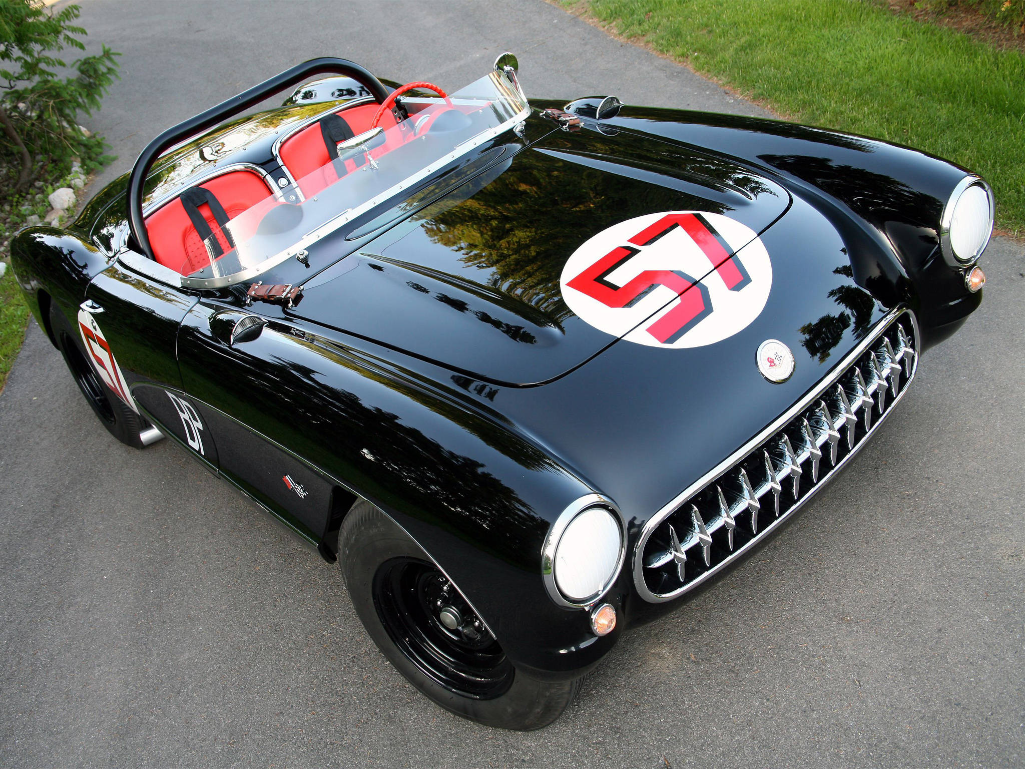 black, vintage race car, red interior, Full HD Desktop Wallpaper