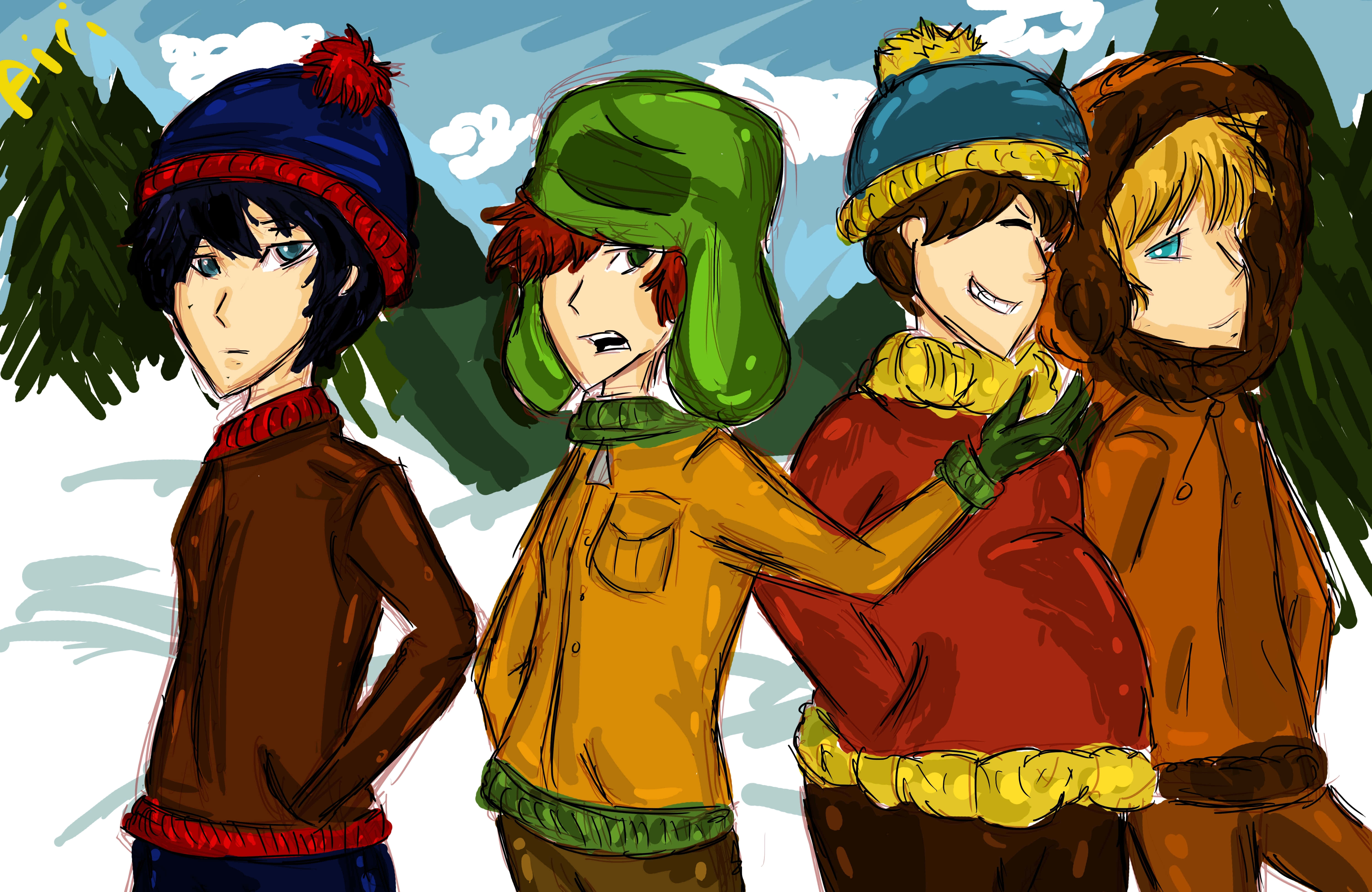 anime characters, winter gear, snowy mountain backdrop, 5K Desktop Wallpaper