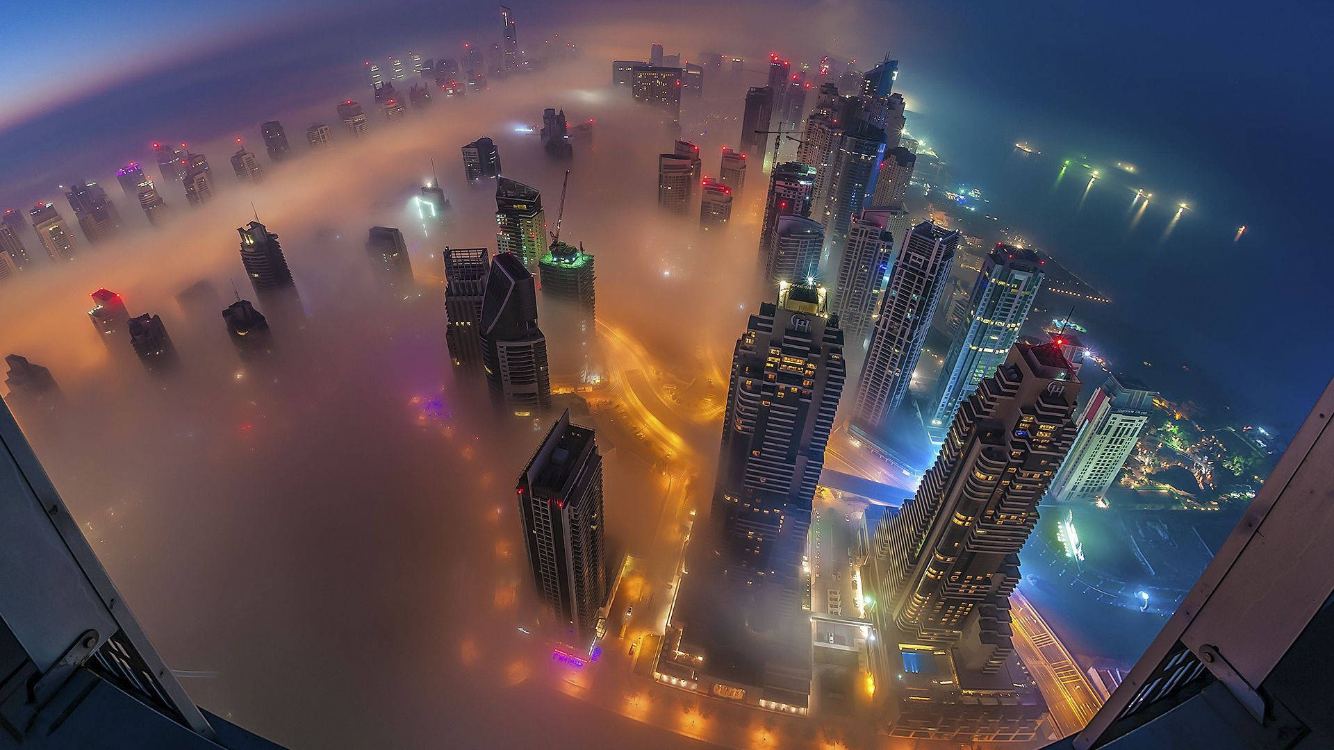 foggy skyscraper, twilight, glowing mist, Full HD Desktop Wallpaper