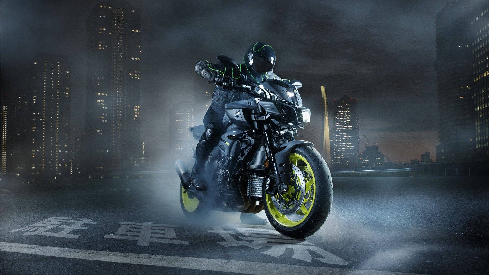 motorcyclist, black motorcycle, neon yellow wheels, Full HD Desktop Wallpaper