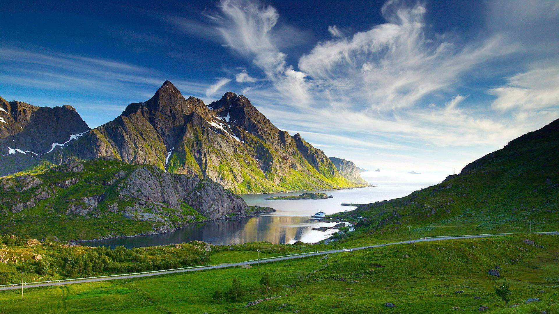 Green Mountain HD Computer, fjord, towering green mountains, Full HD Desktop Wallpaper