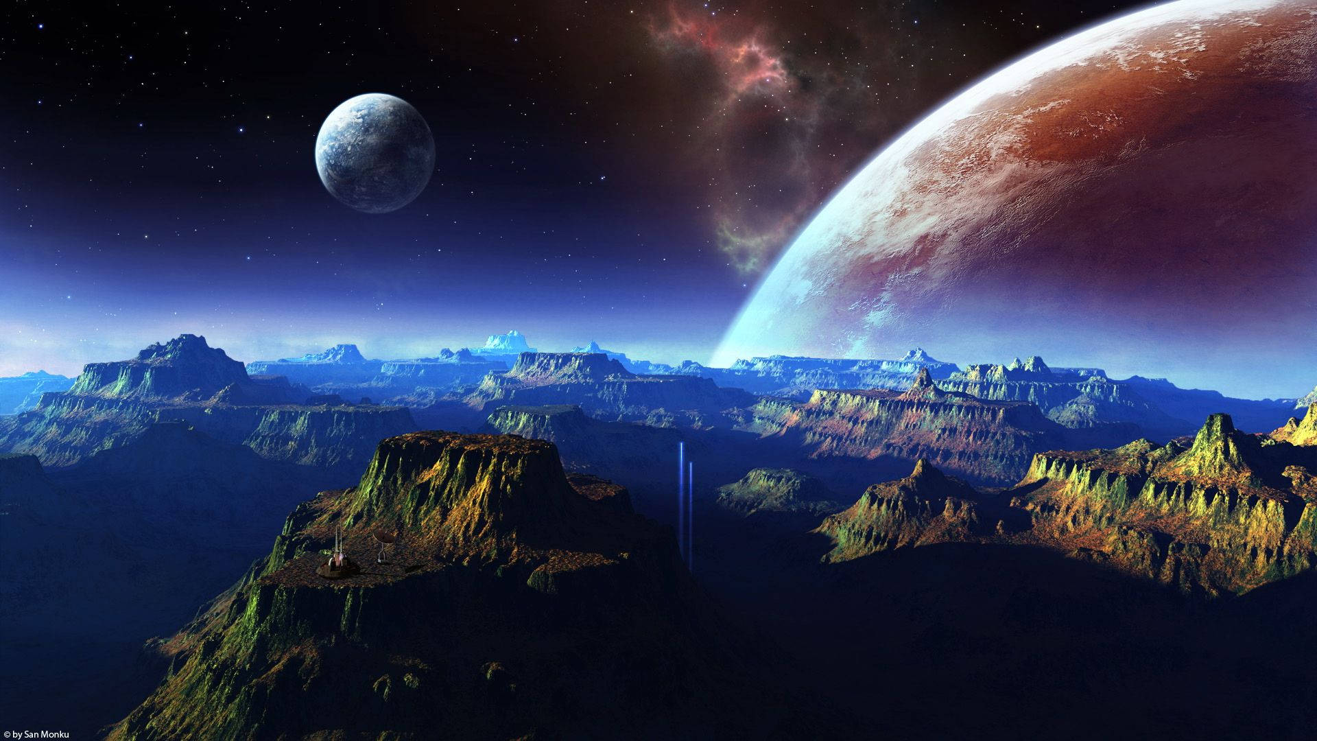 alien canyon, starry sky, giant reddish planet, Full HD Desktop Wallpaper