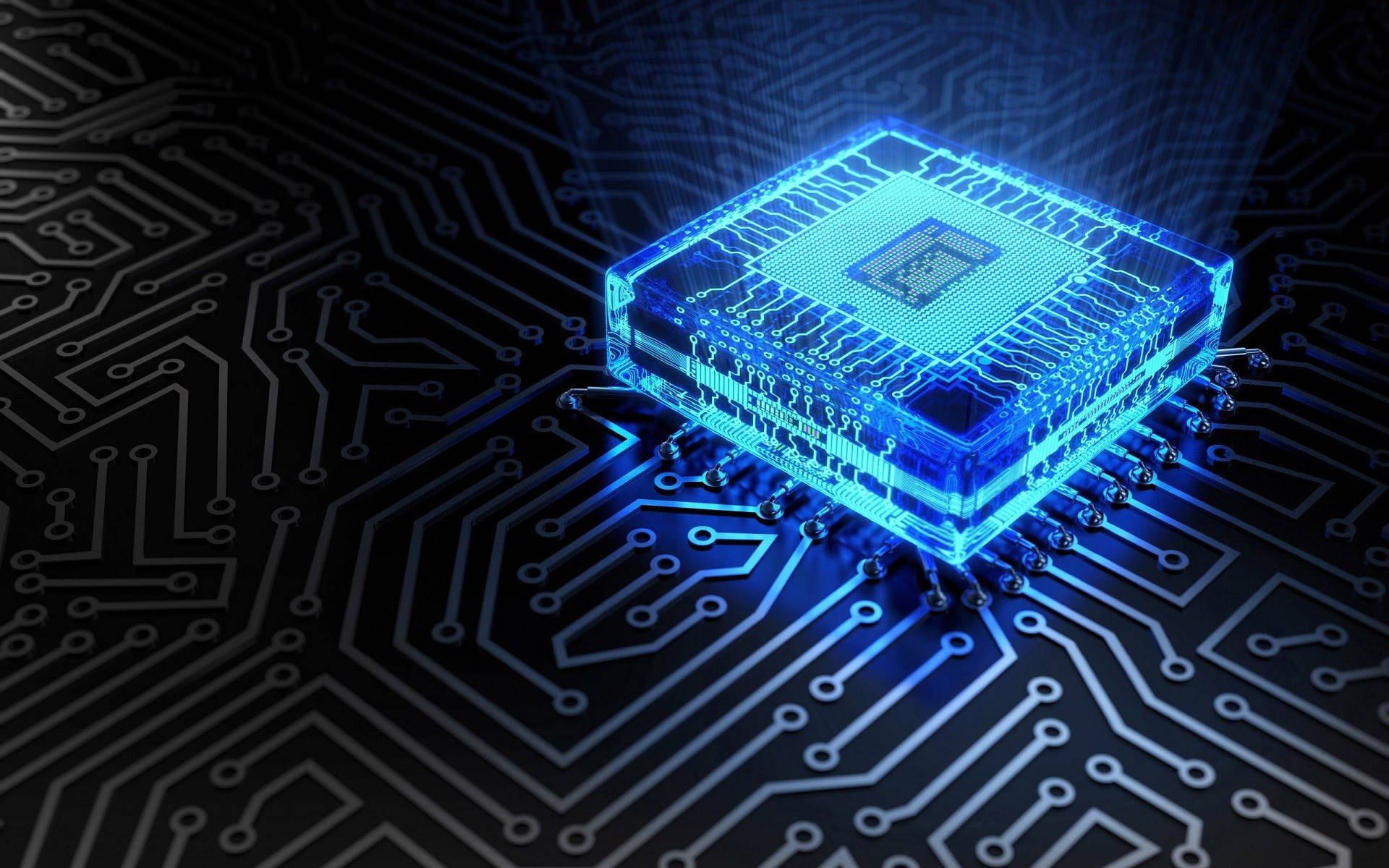 glowing blue chip, transparent microchip, dark circuit board, Full HD Desktop Wallpaper
