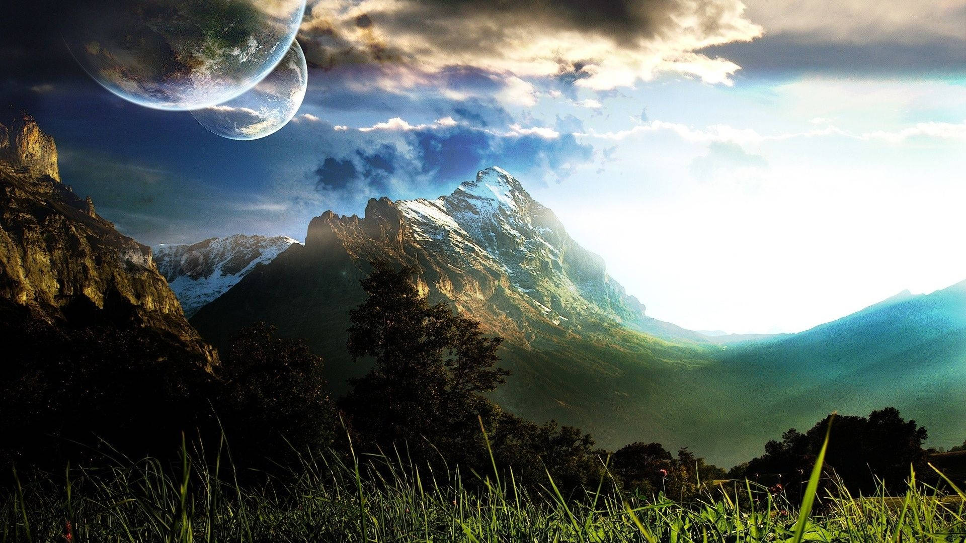 mountain range, golden sunrise, glowing planets, Full HD Desktop Wallpaper