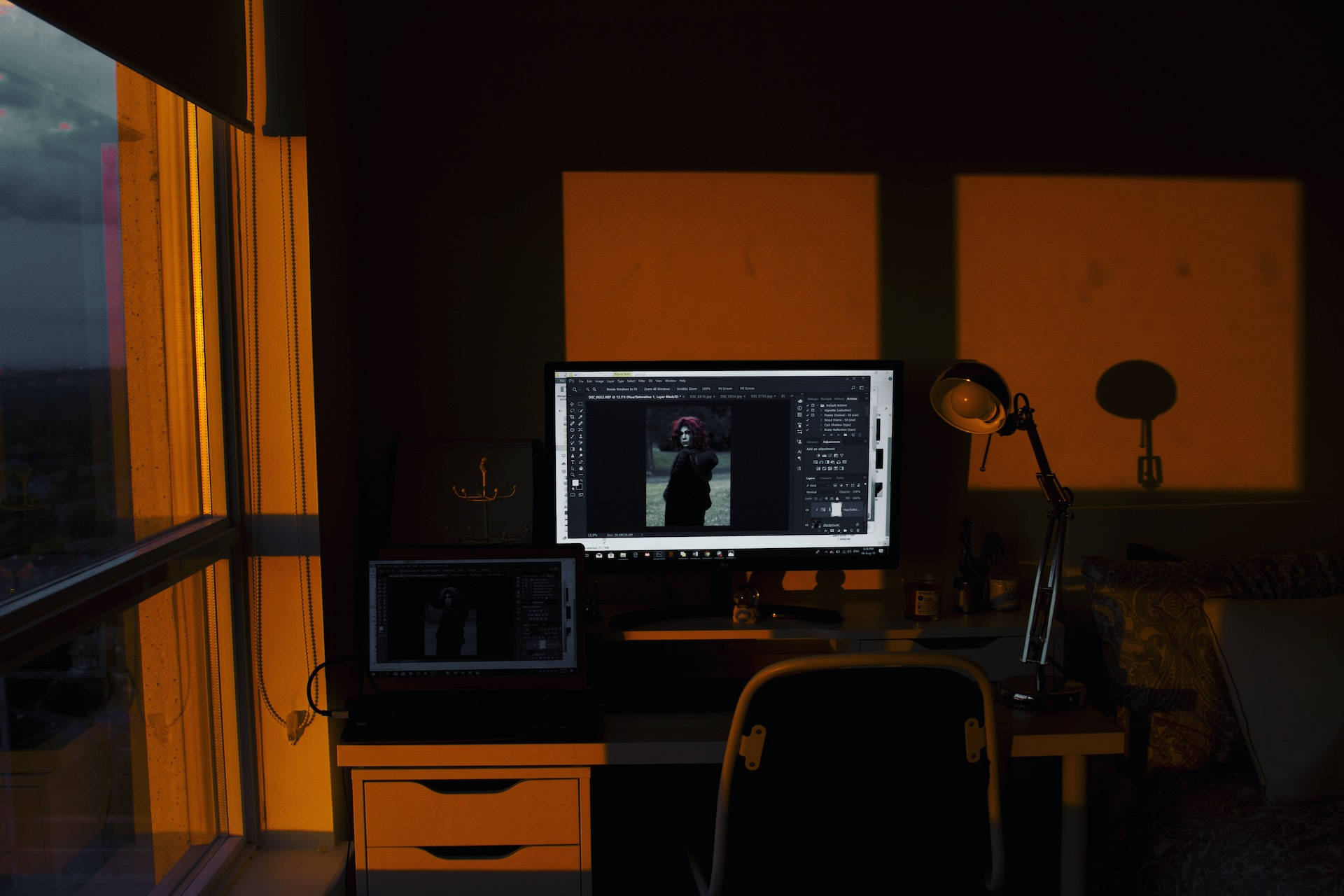 home office, warm amber light, window, Full HD Desktop Wallpaper
