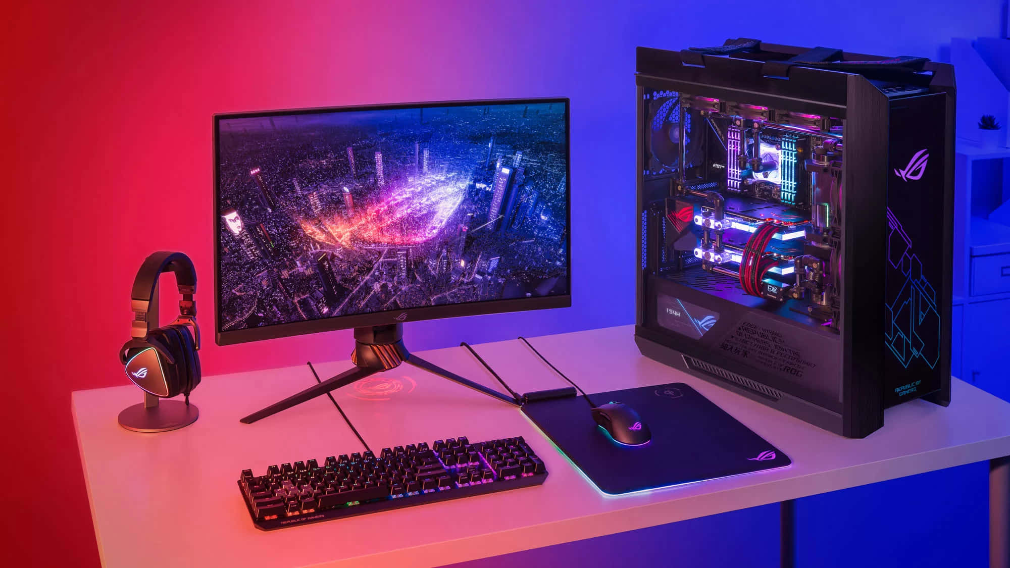 Latent Computer Unit, RGB-lit components, vibrant cityscape wallpaper, Full HD Desktop Wallpaper