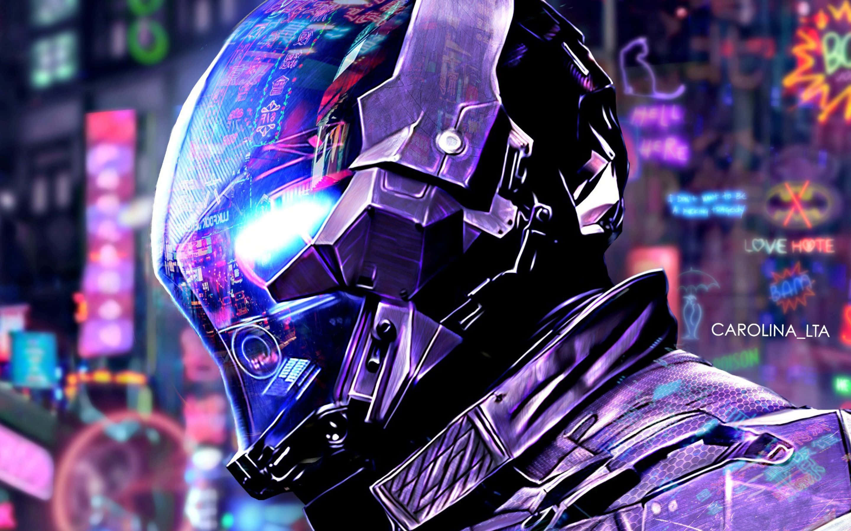 cyberpunk warrior, glowing helmet, neon-drenched futuristic cityscape, 2K Desktop Wallpaper
