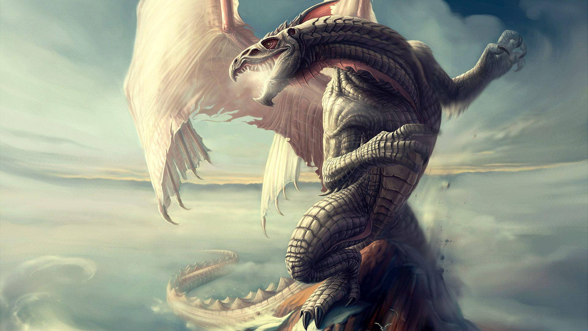 white HD dragon, clouds, cliff, Full HD Desktop Wallpaper