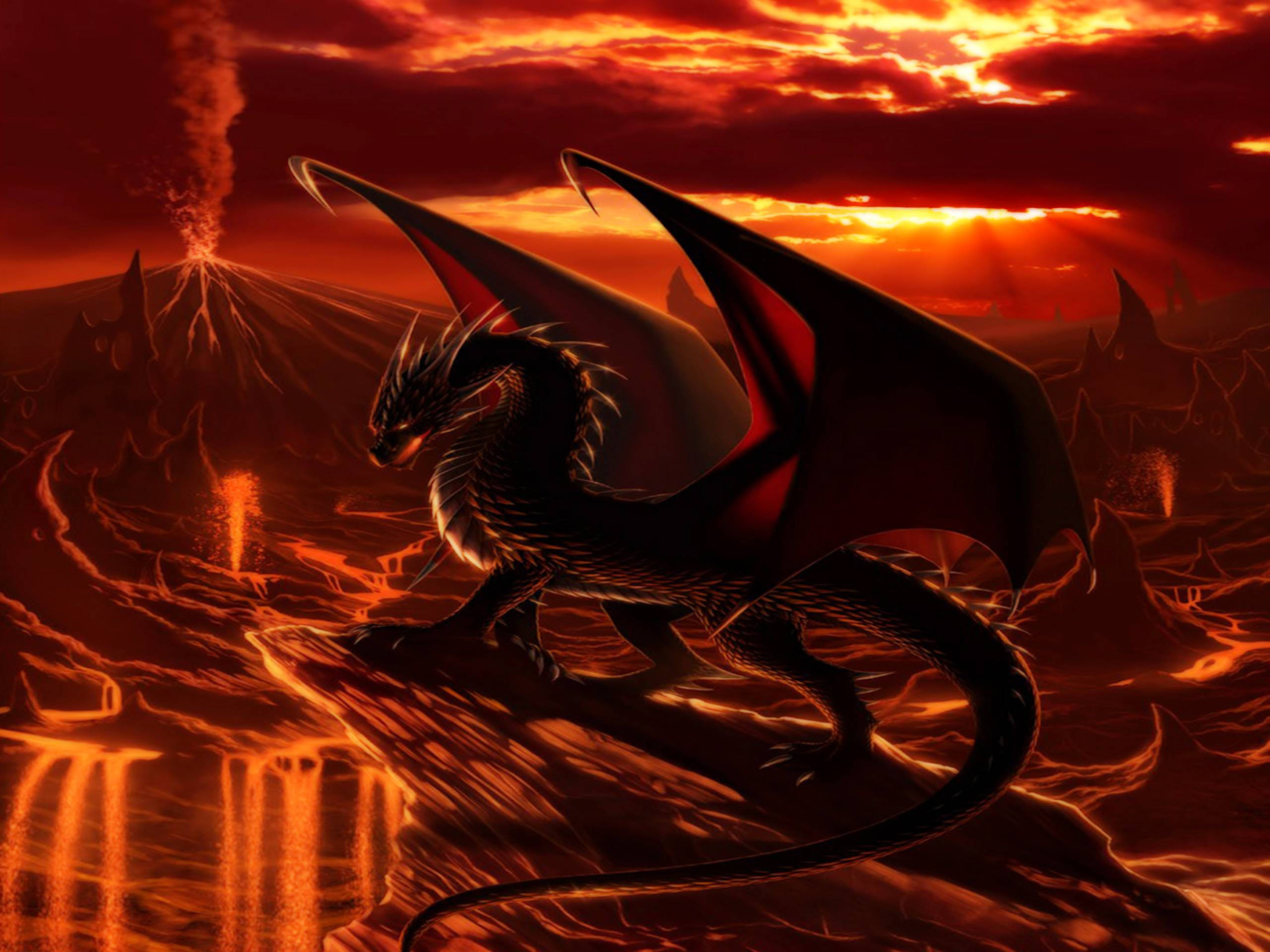 HD Dragon, black dragon, glowing red eyes, 2K Desktop Wallpaper