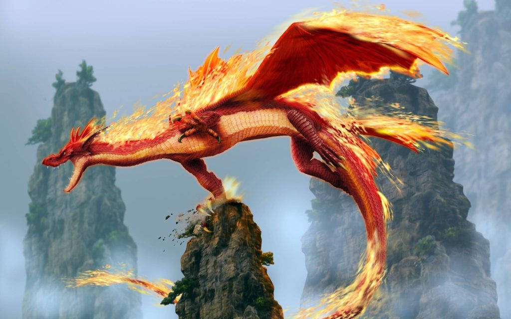 Fiery HD Dragon, fiery red dragon, glowing wings, SD Desktop Wallpaper