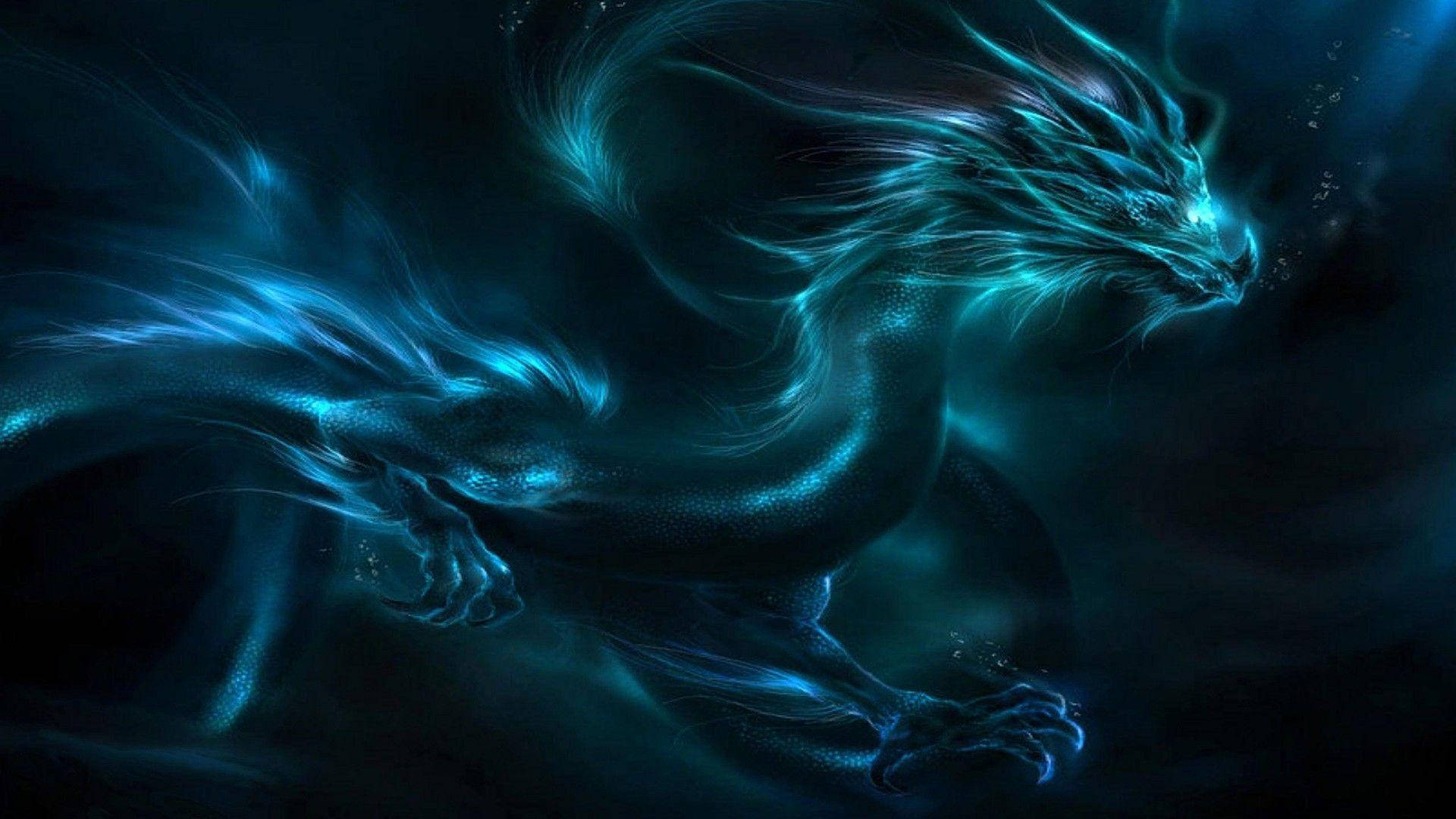 HD Dragon, luminous blue, flowing energy tendrils, Full HD Desktop Wallpaper