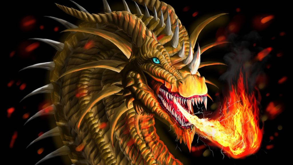 HD Dragon, golden dragon, glowing blue eyes, SD Desktop Wallpaper