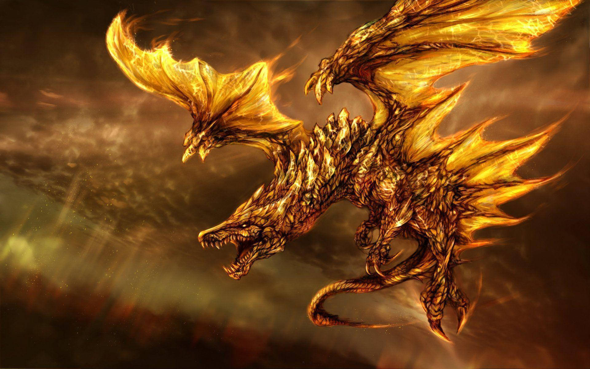 HD Dragon, ferocious gold, three-headed dragon, Full HD Desktop Wallpaper