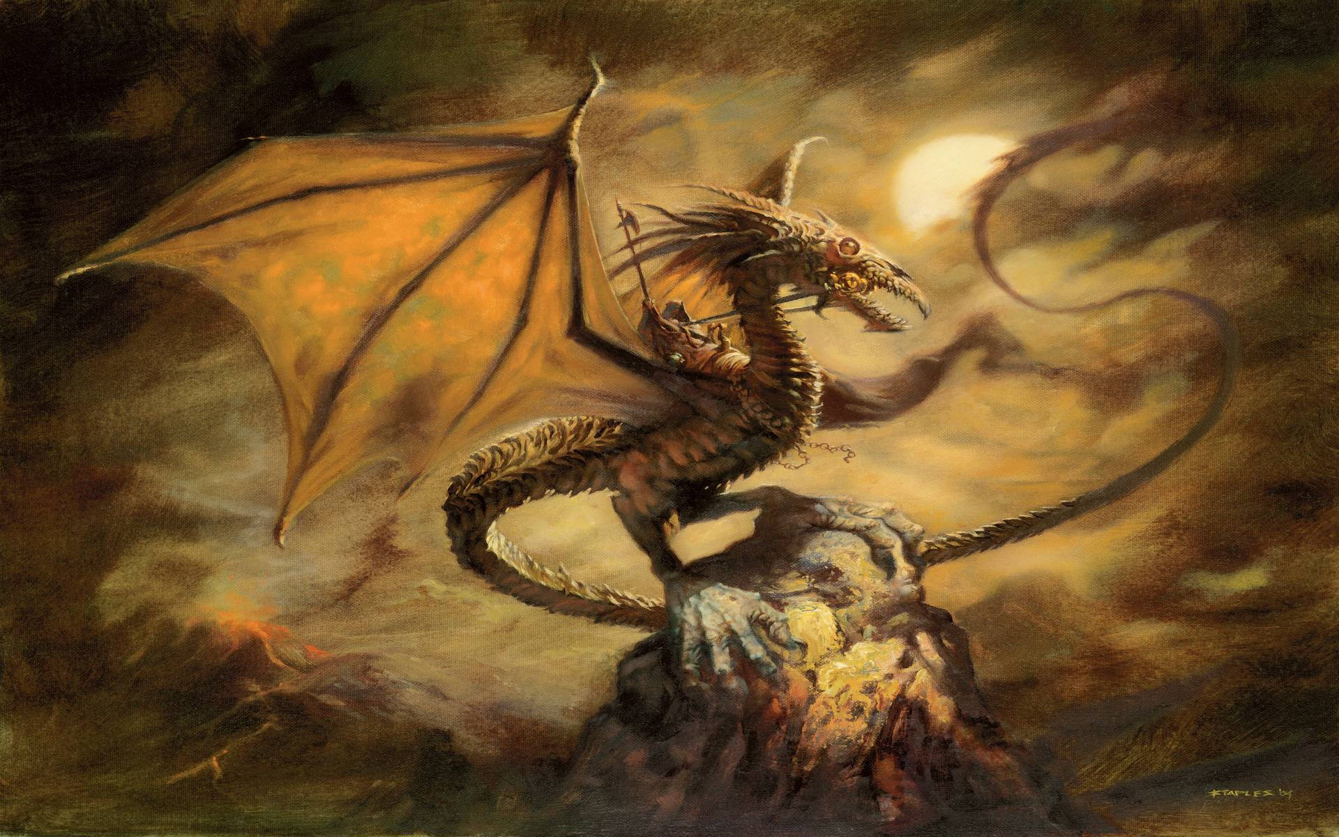 HD Dragon, golden dragon, rocky peak, Full HD Desktop Wallpaper