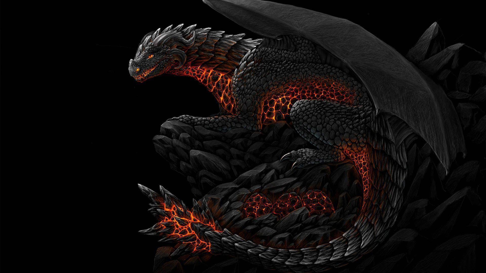 HD Dragon, glowing orange lava veins, black dragon, Full HD Desktop Wallpaper