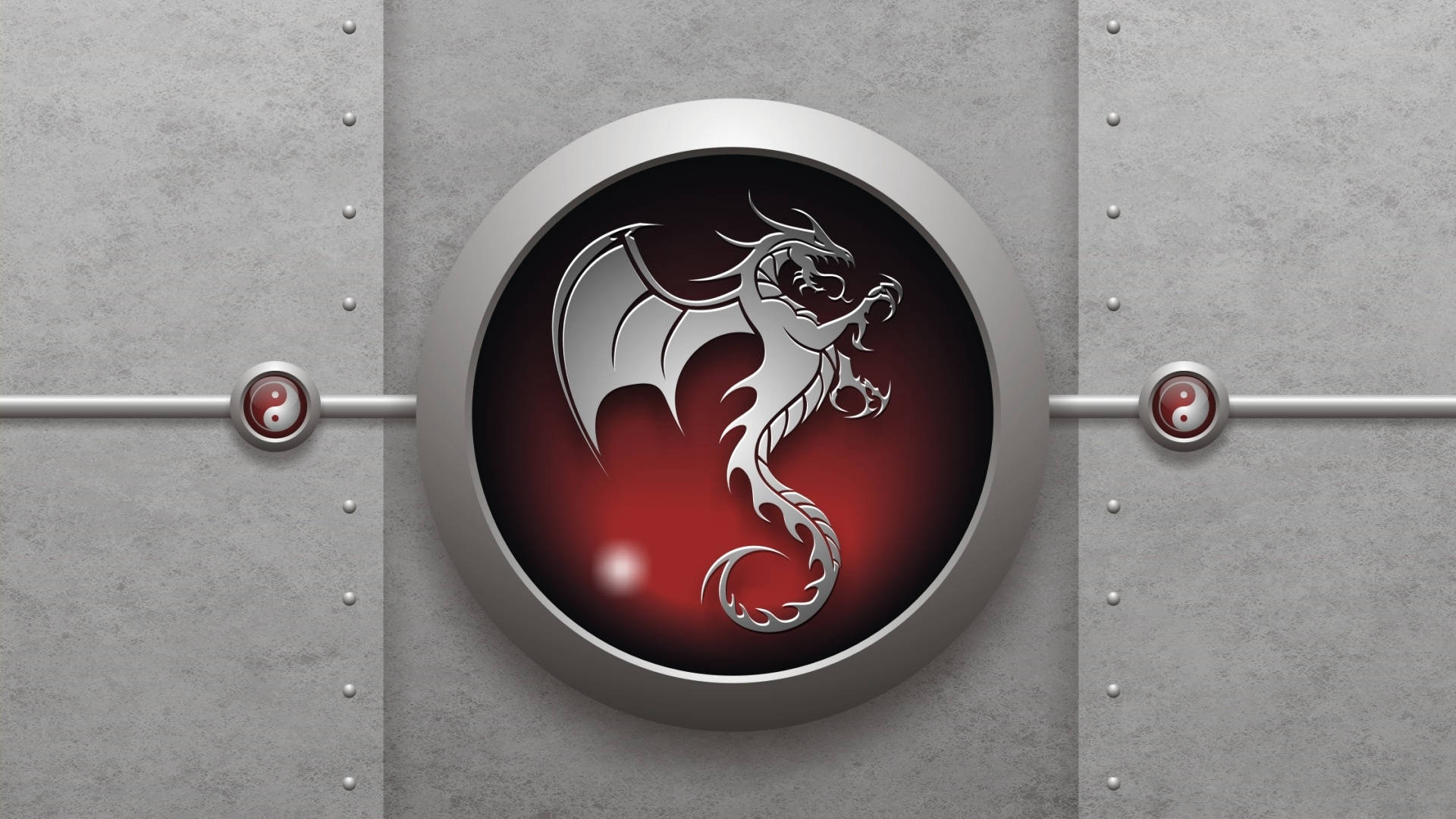 HD Dragon, silver dragon emblem, yin yang symbols, Full HD Desktop Wallpaper