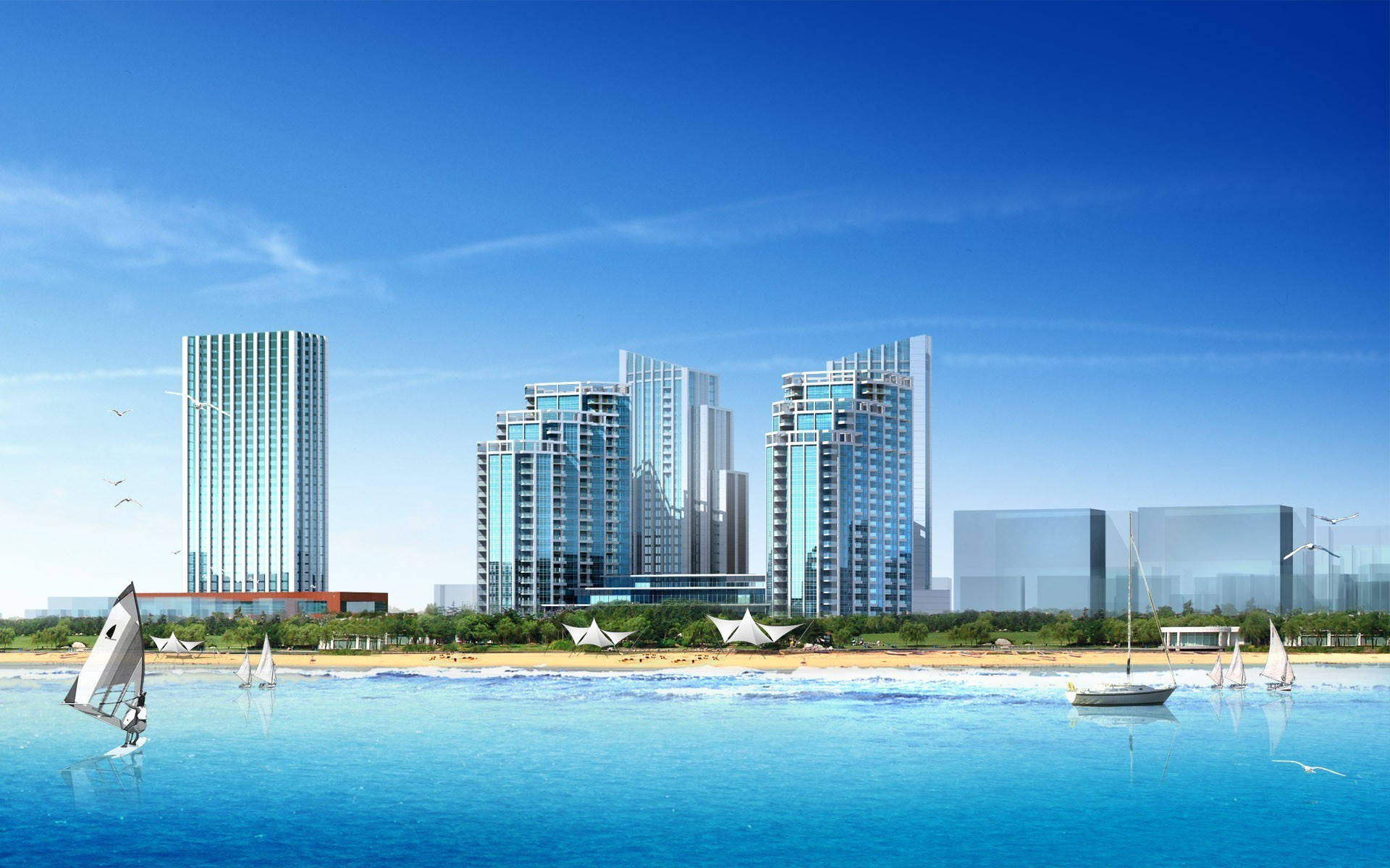 HD Engineering, glass skyscrapers, vibrant blue beach, Full HD Desktop Wallpaper