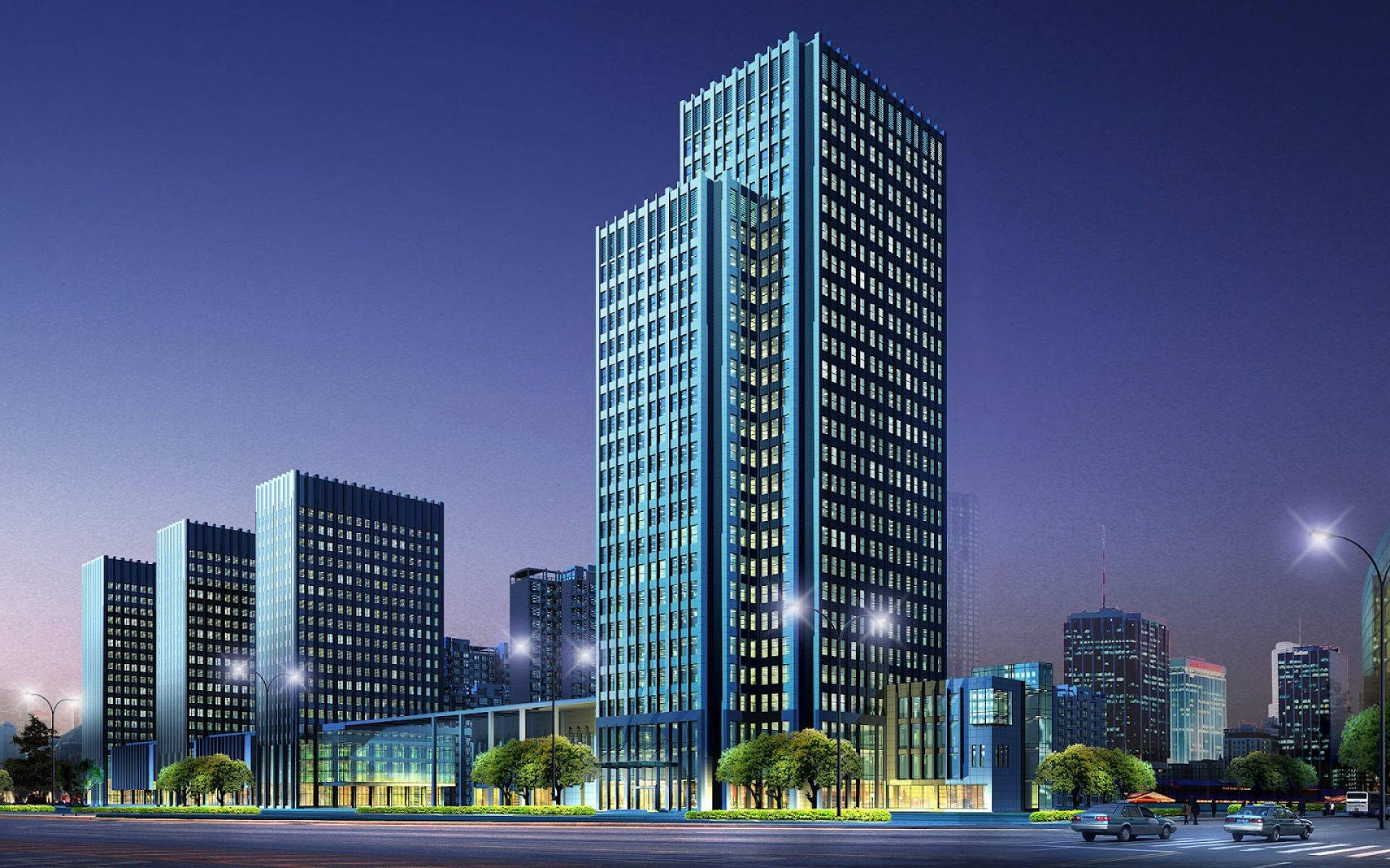 HD Engineering, glass skyscrapers, twilight sky, Full HD Desktop Wallpaper