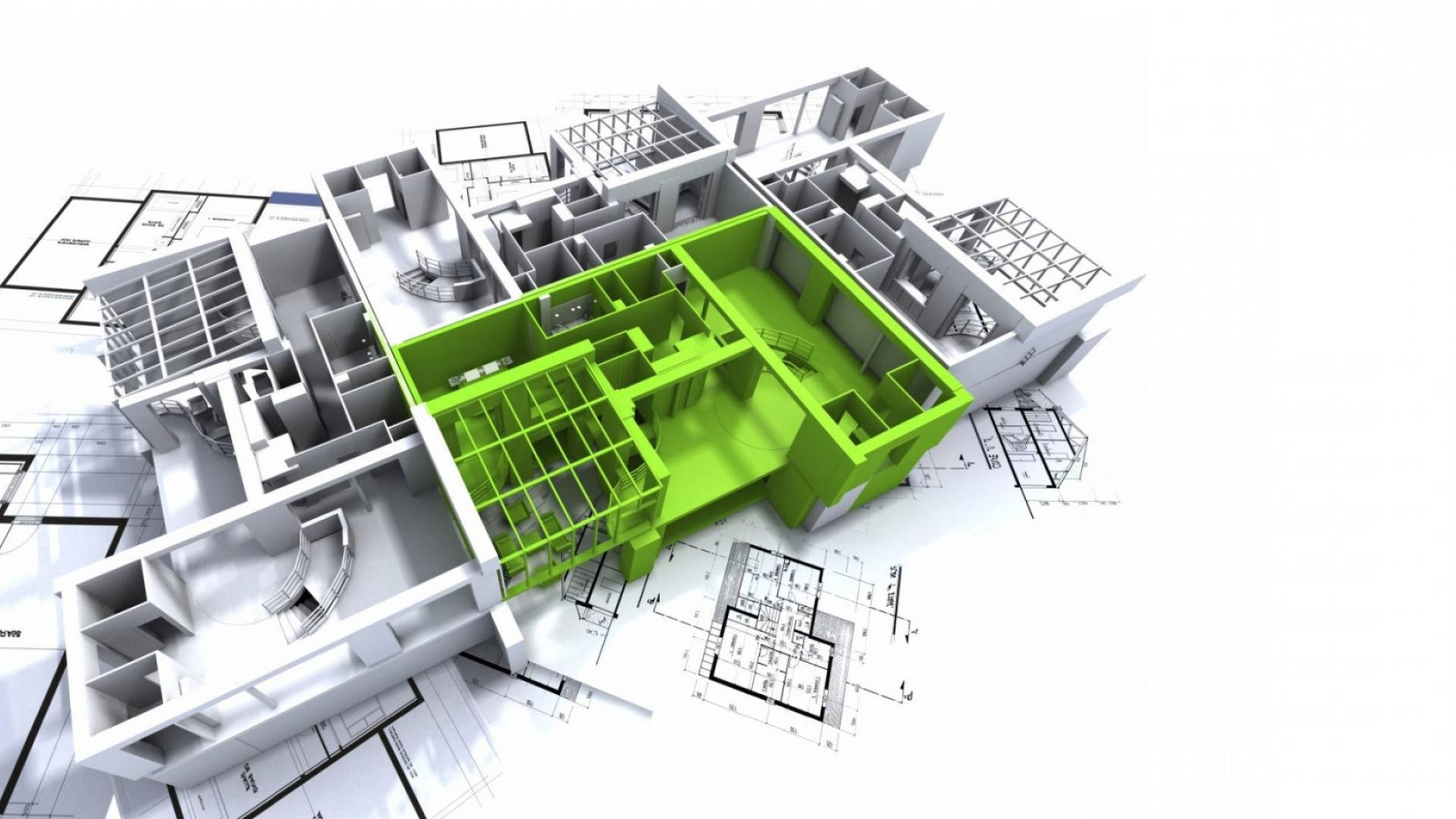 HD Engineering, 3D House Blueprint, vibrant green core, Full HD Desktop Wallpaper