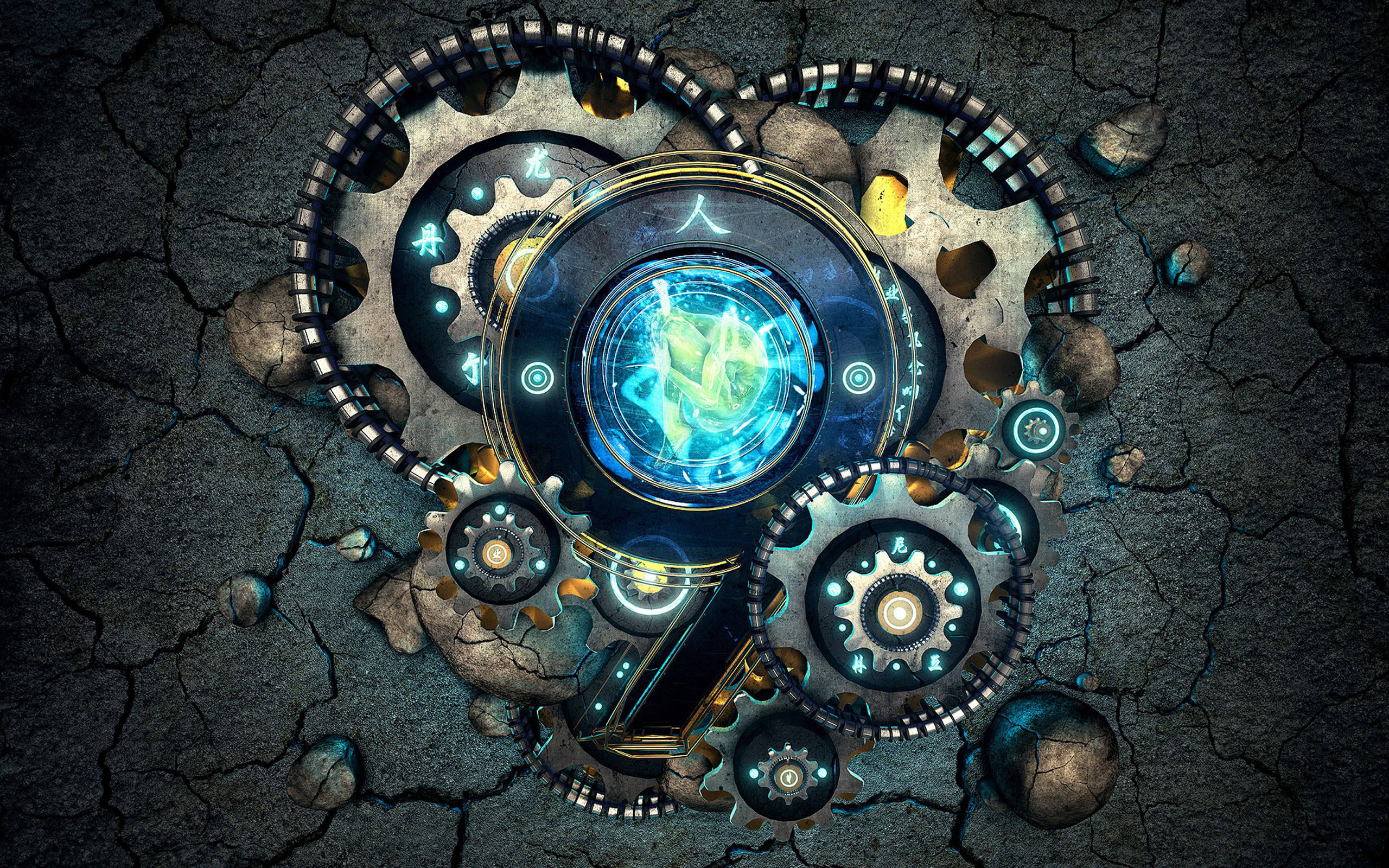 HD Engineering, glowing blue holographic globe, intricate mechanical gears, 2K Desktop Wallpaper