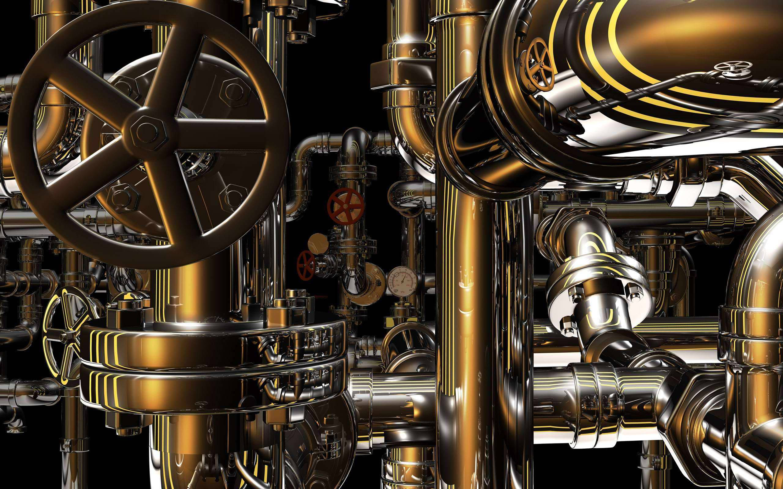 HD Engineering, golden industrial pipes, gleaming gold, 2K Desktop Wallpaper