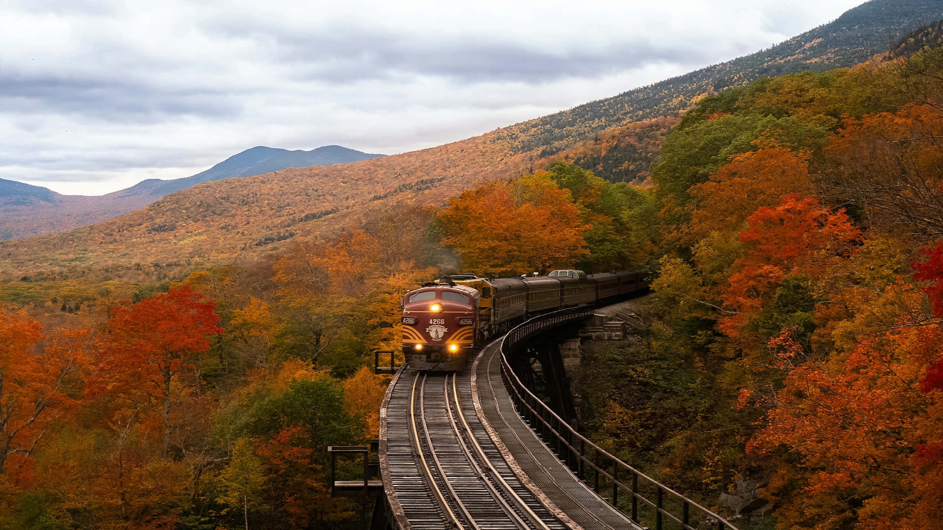 autumn train journey, steam train, wooden trestle, Full HD Desktop Wallpaper