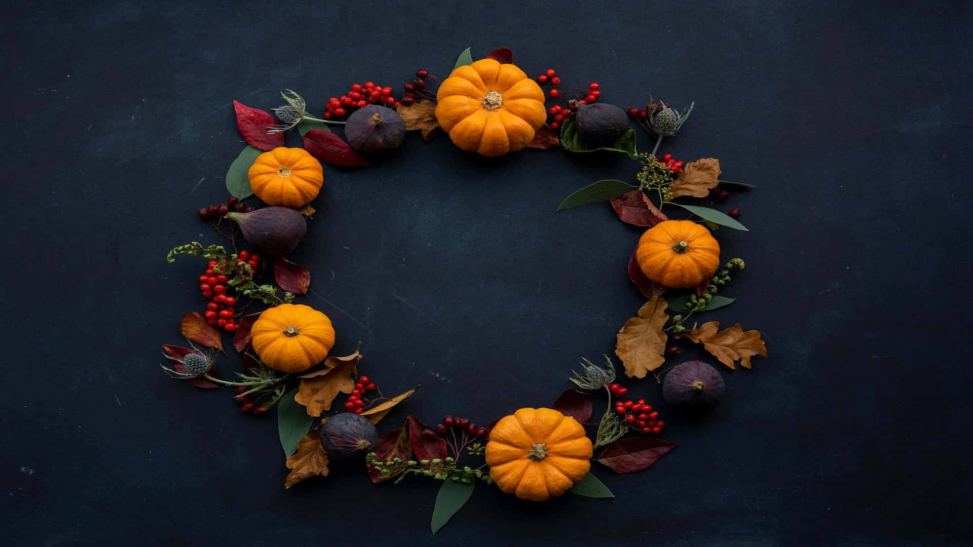 autumn harvest wreath, orange pumpkins, red berries, Full HD Desktop Wallpaper