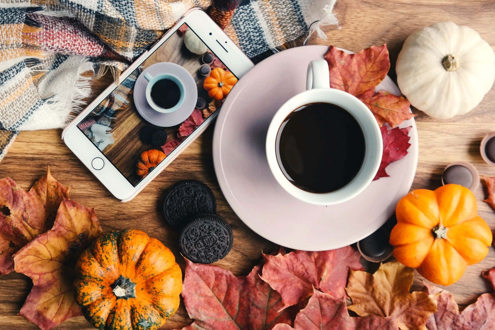 autumn tabletop scene, coffee cookies, pumpkins, HD Desktop Wallpaper