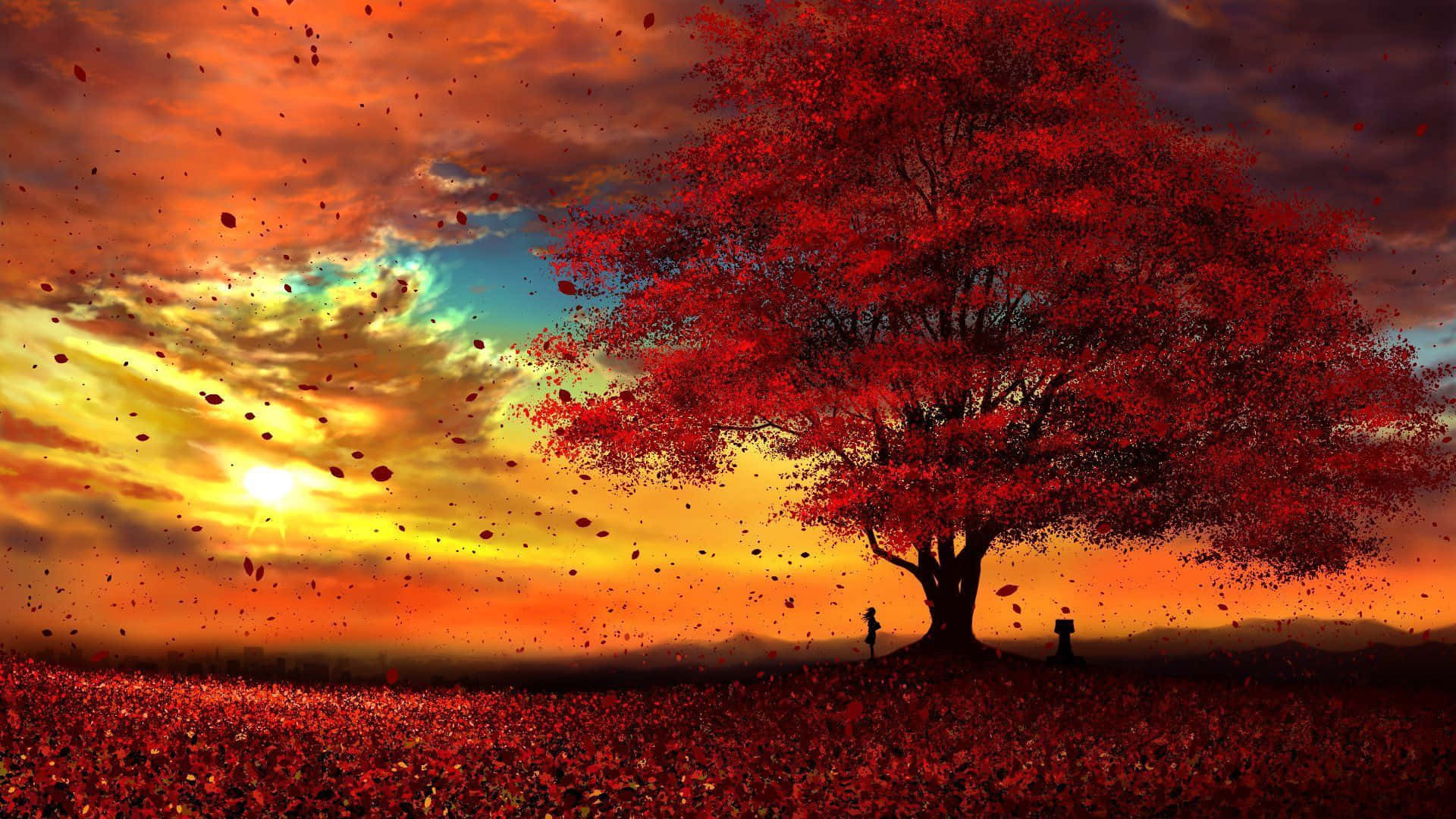 red tree, falling leaves, fiery sunset sky, Full HD Desktop Wallpaper