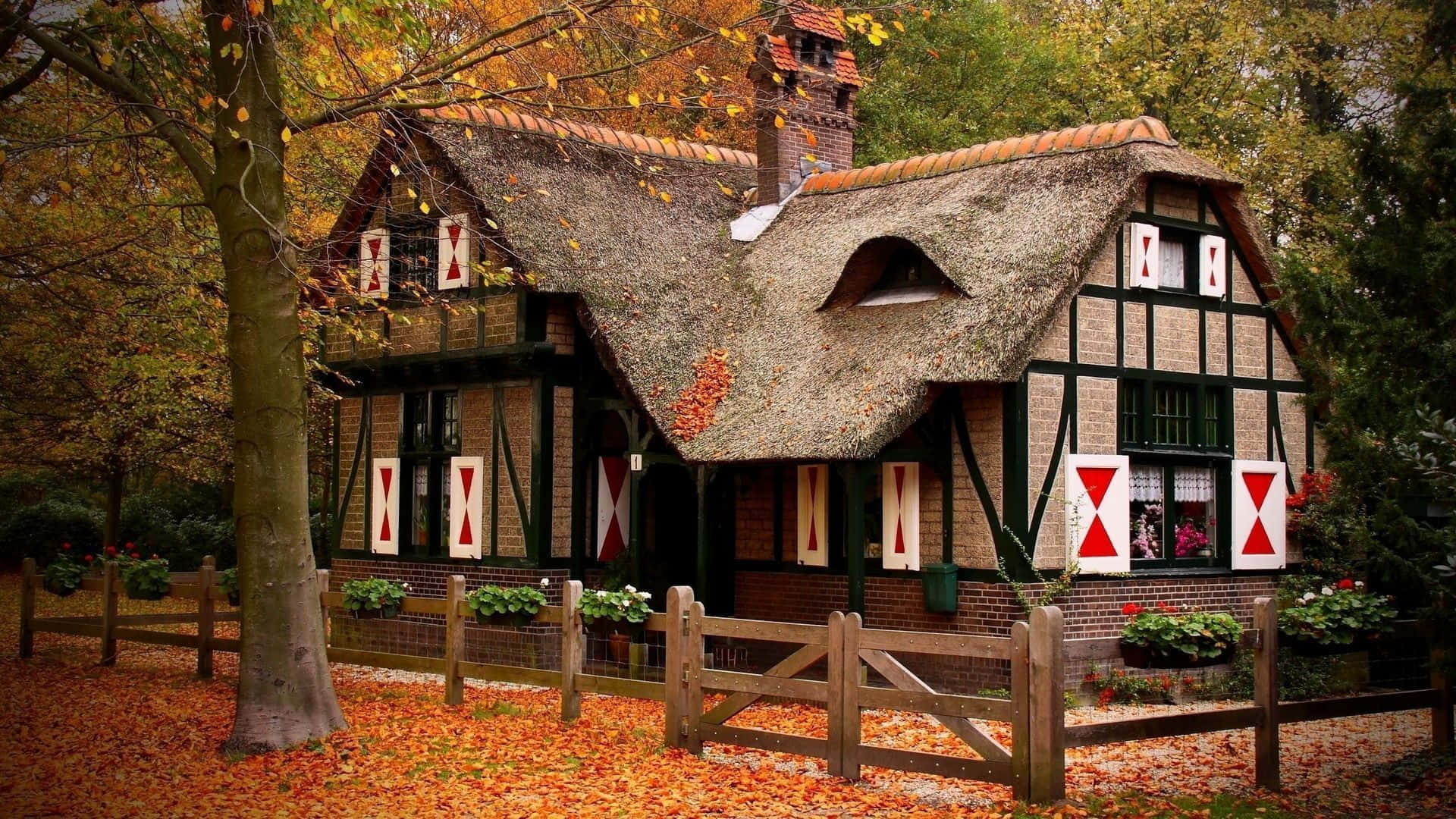 thatched-roof cottage, red and white diamond shutters, vibrant autumn forest, Full HD Desktop Wallpaper
