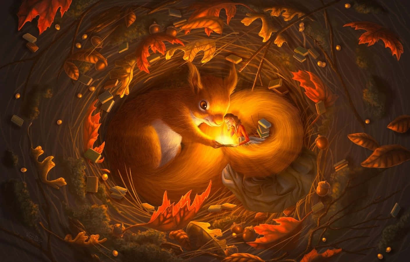 cozy fall desktop, autumn squirrel, tiny child, HD Desktop Wallpaper